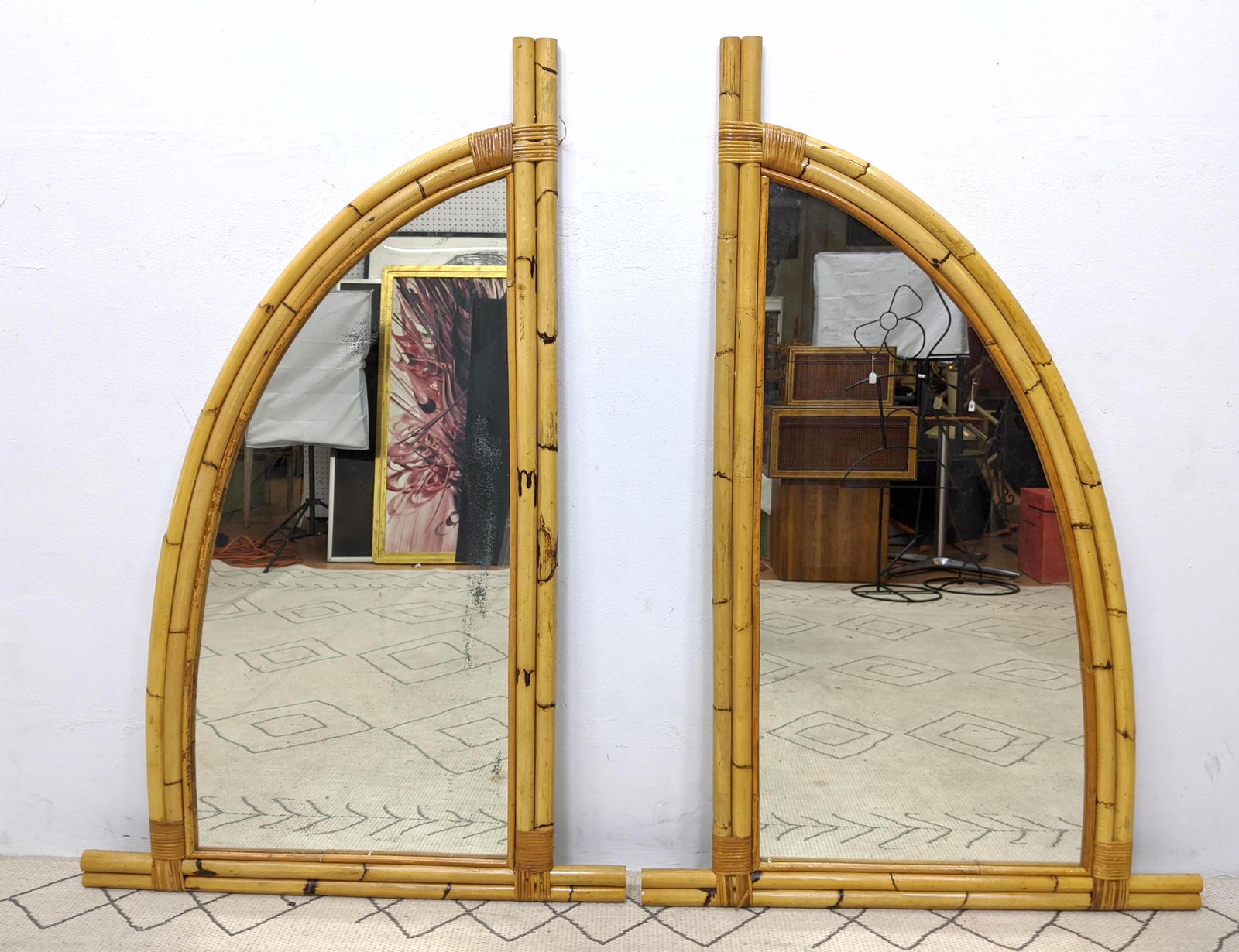 Pair 1960's Italian Bamboo Framed Half Moon Wall Mirror (1 of 15)