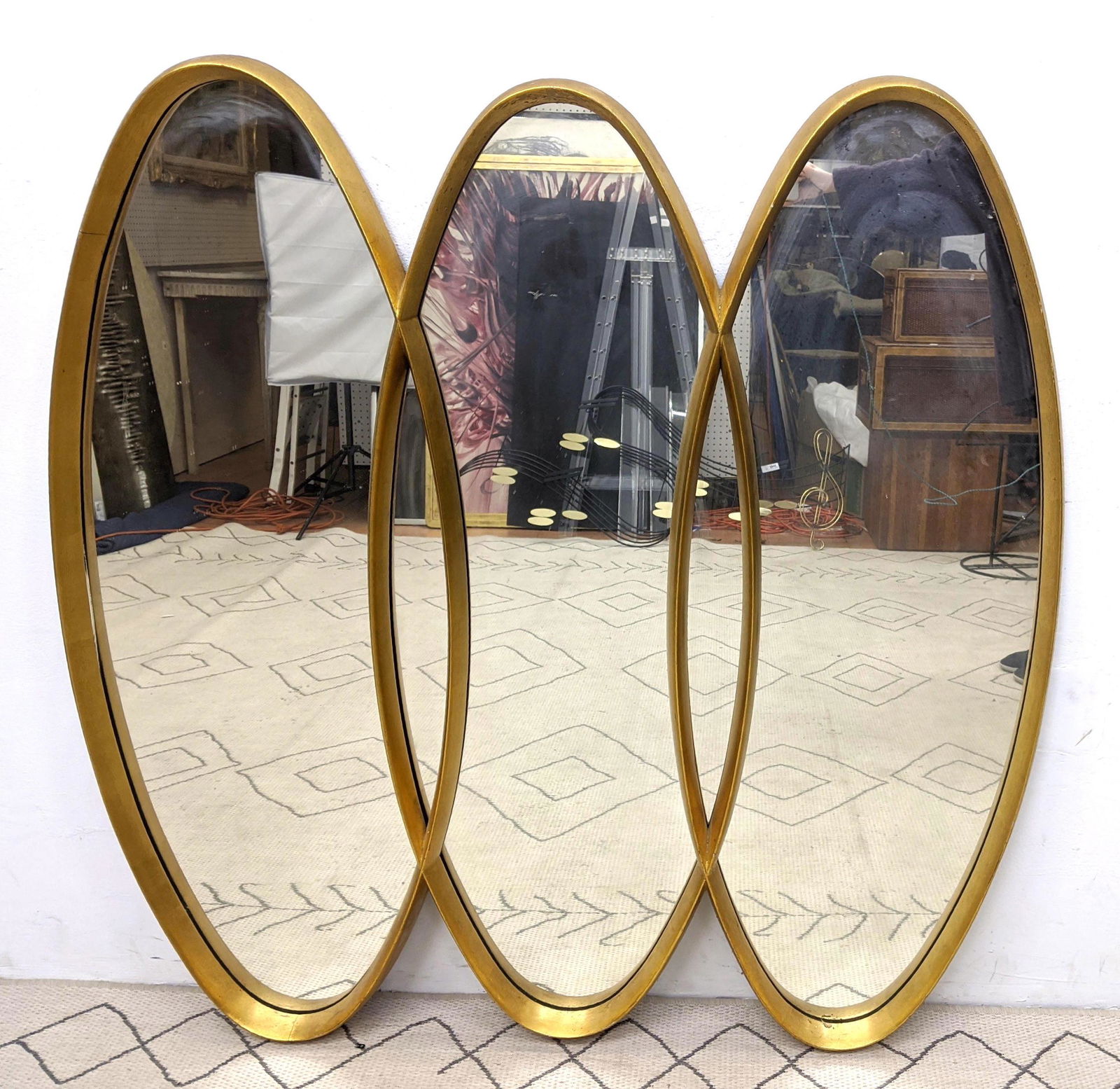 3 Section Gilt Wood Modernist Wall Mirror. 3 elongated (1 of 7)