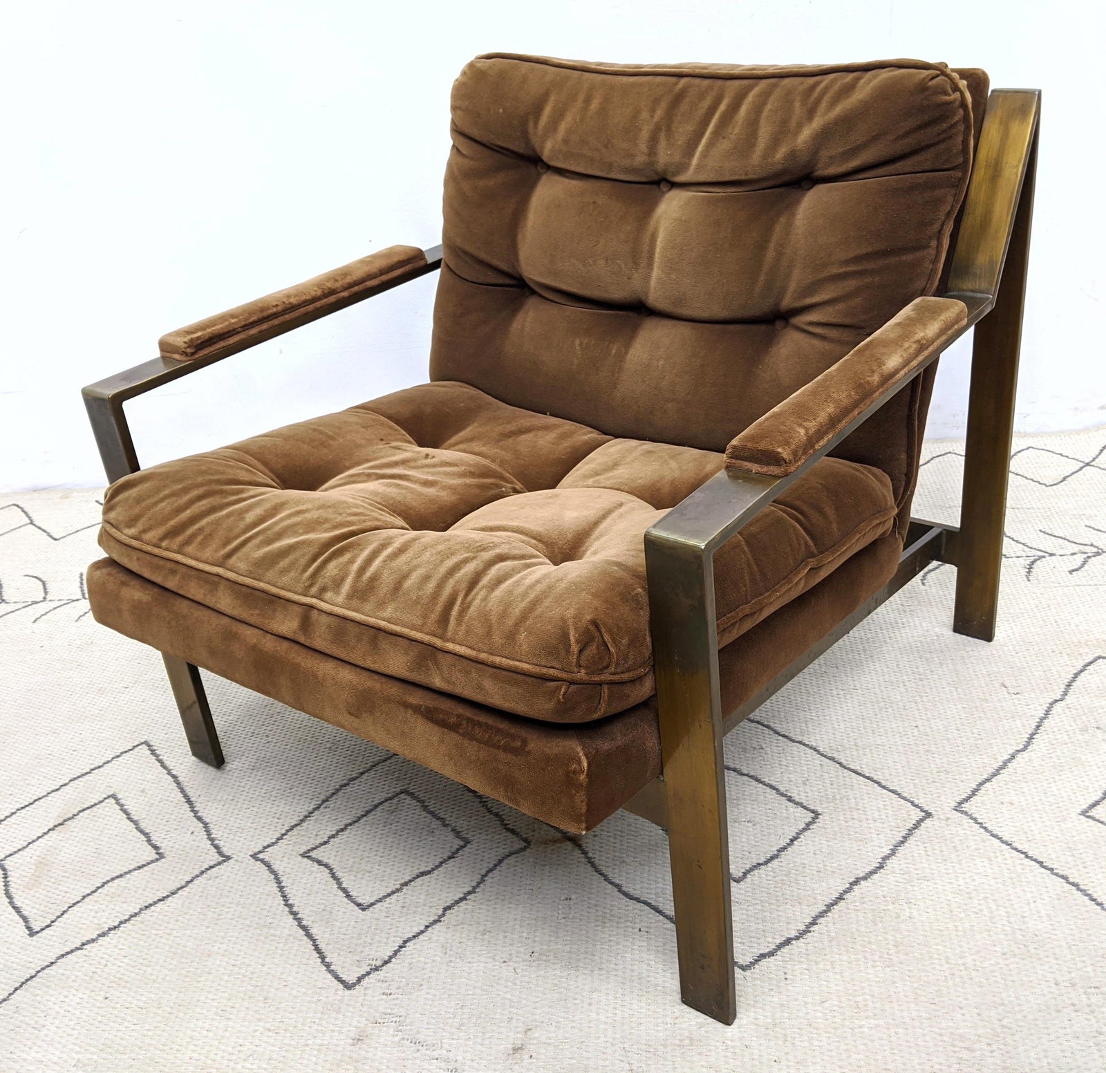 Milo Baughman Style Chrome Lounge Chair. Wide angled f: Milo Baughman Style Chrome Lounge Chair. Wide angled frame. Bronze Finish. -- Dimensions: H: 28 inches: W: 29.5 inches: D: 31 inches ---