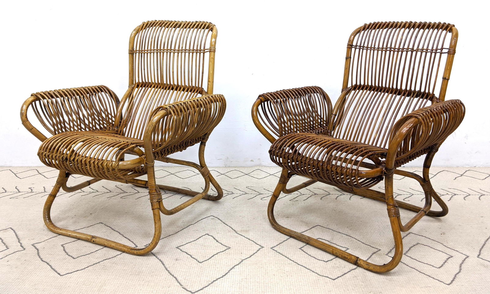 Pair Franco Albini attributed Lounge Chairs. Woven Ratt (1 of 14)
