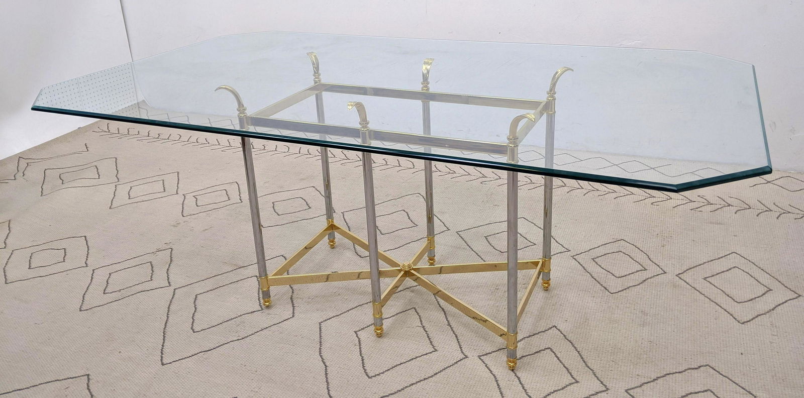 Modernist Brass and Chrome Dining Table. Large glass to (1 of 10)
