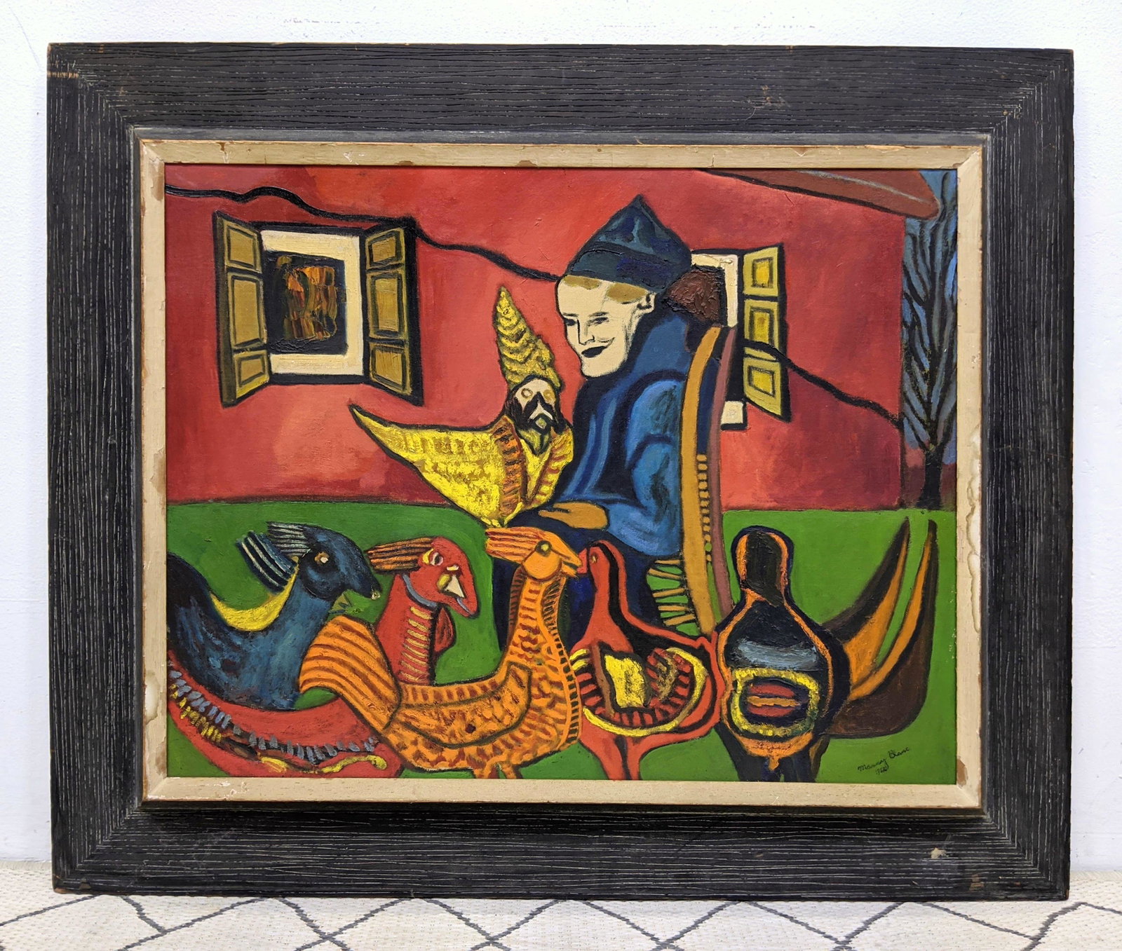 Manney Blanc 1952 Oil Painting on Board. Woman with bir: Manney Blanc 1952 Oil Painting on Board. Woman with birds.-- Dimensions: Image Size: H: 21.5 inches: W: 27.5 inches -- FRAME SIZE: Frame Height 30.5 inches - Frame Width 36.5 inches ---
