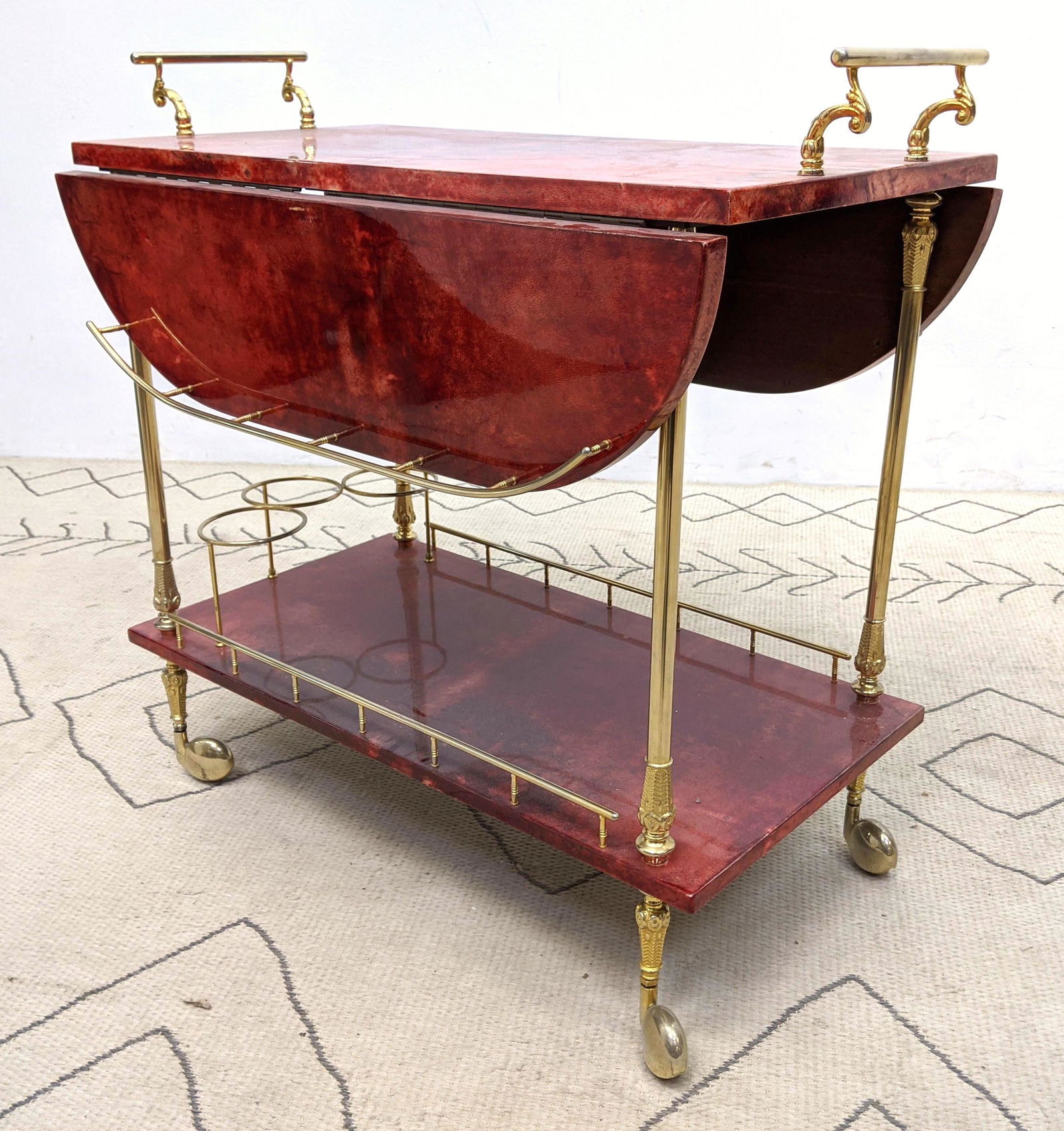ALDO TURA Attributed Bar Cart Server. Red Parchment Lea (1 of 13)