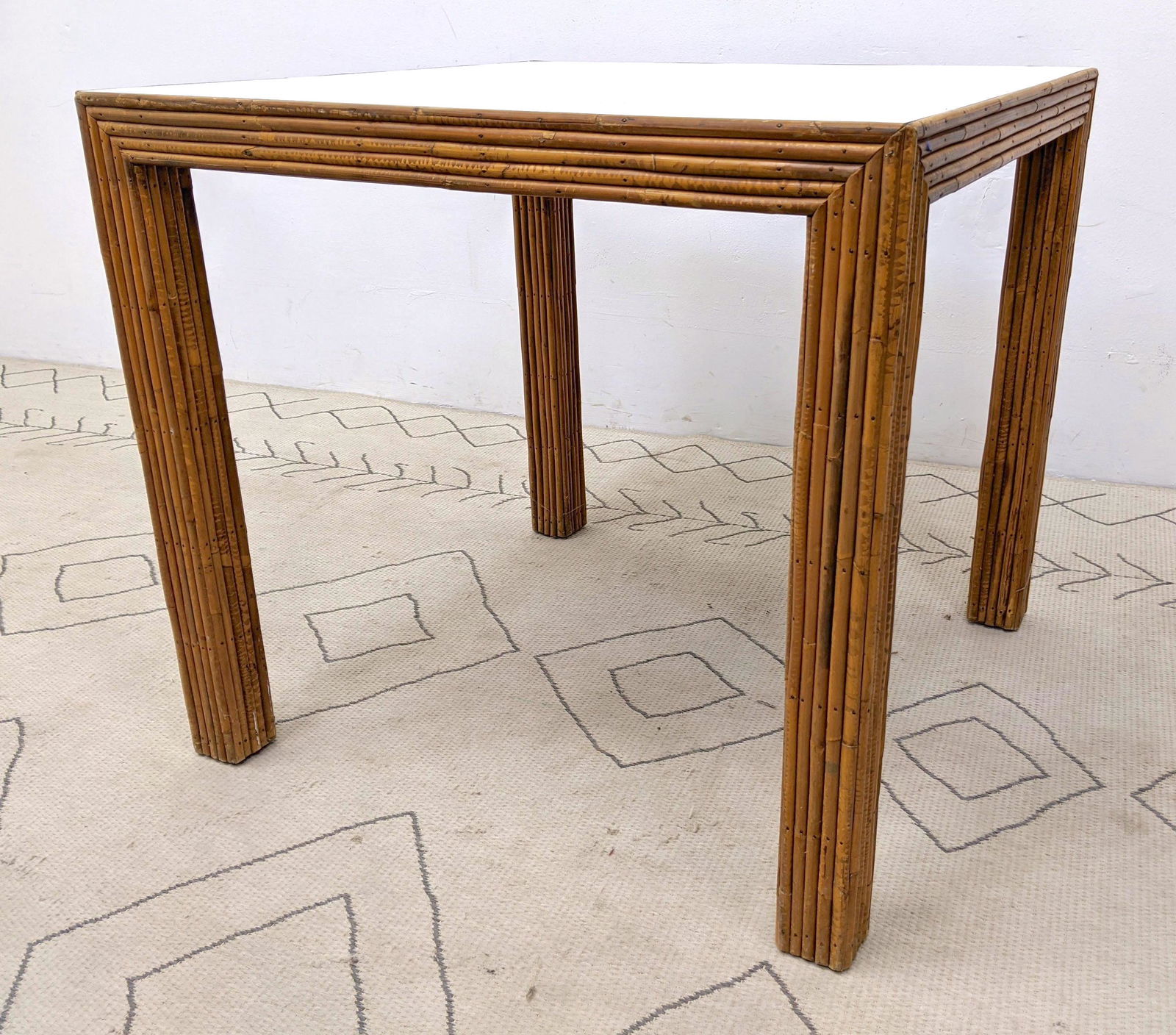 Rattan and Laminate Dinette Ding Game Table.: Rattan and Laminate Dinette Ding Game Table. -- Dimensions: H: 29.5 inches: W: 32 inches: D: 32 inches ---