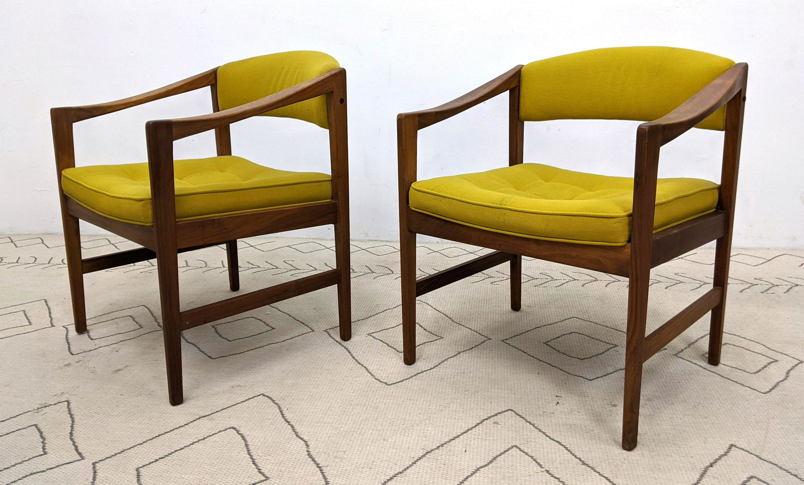 Pair American Modern Walnut Arm Chairs. Solid frames. (1 of 13)