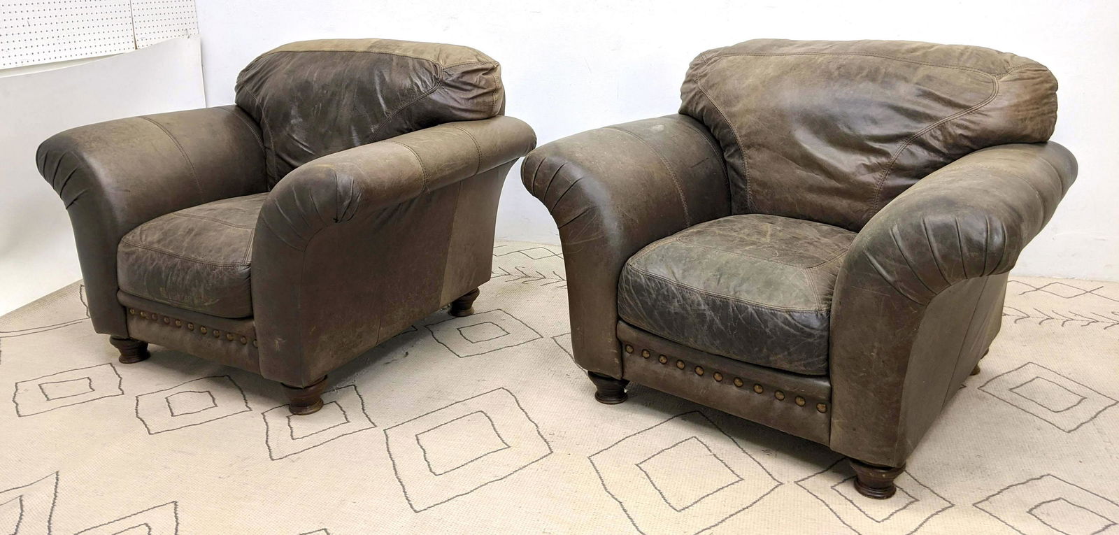 Pair Oversized Leather Lounge Chairs. (1 of 14)