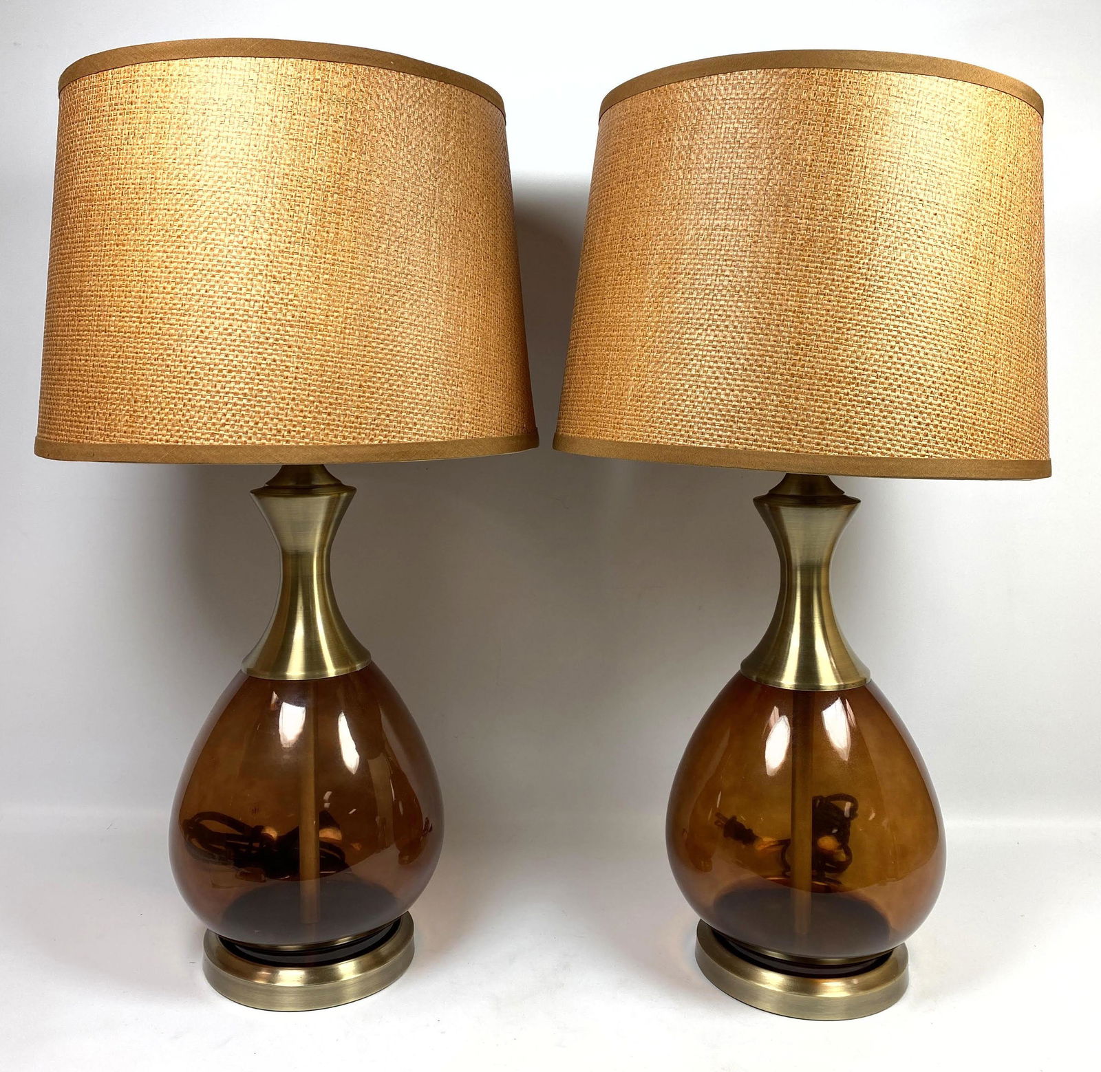 Pair Amber Glass and Metal Table Lamps. Gold tone metal (1 of 12)
