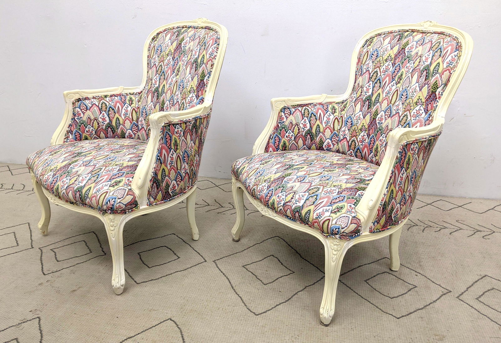 Pr Painted Wood Frame Bergere Armchairs. Colorful print (1 of 16)