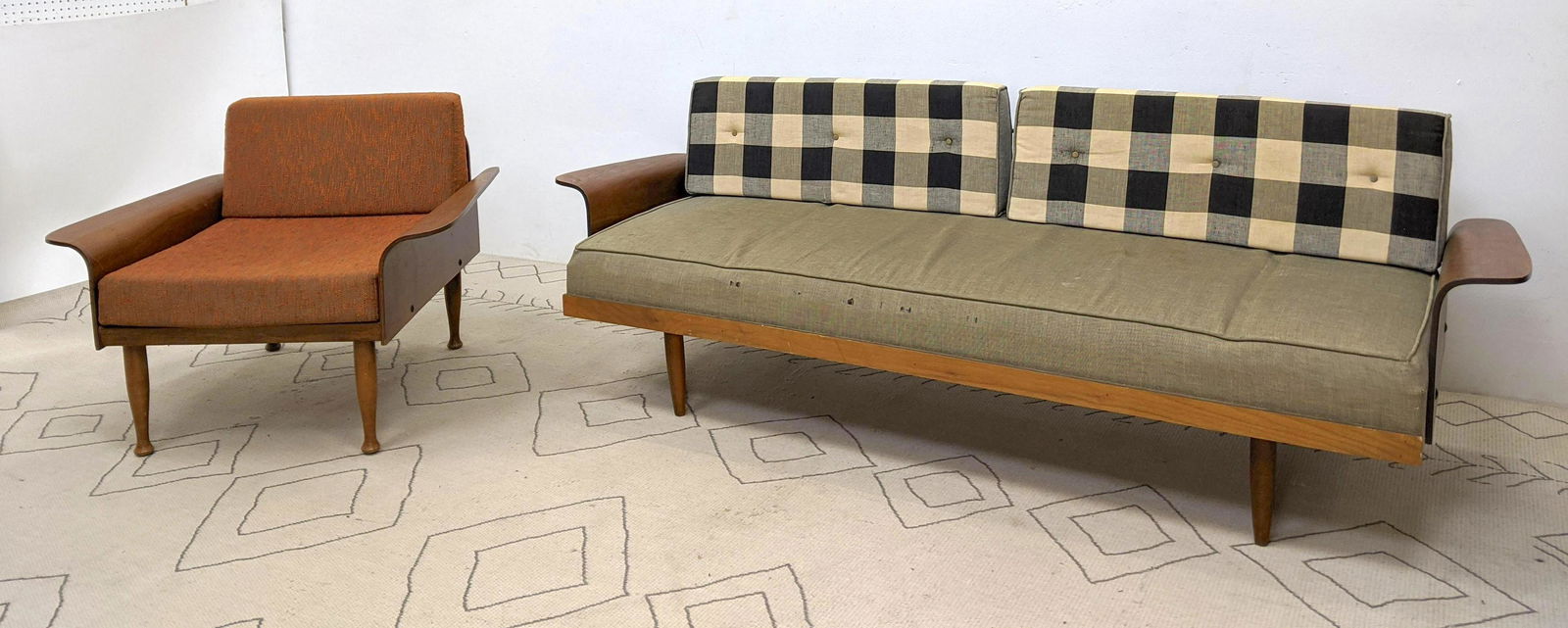 2pc Modernist Sofa & Lounge Chair. Laminated wood flare (1 of 20)