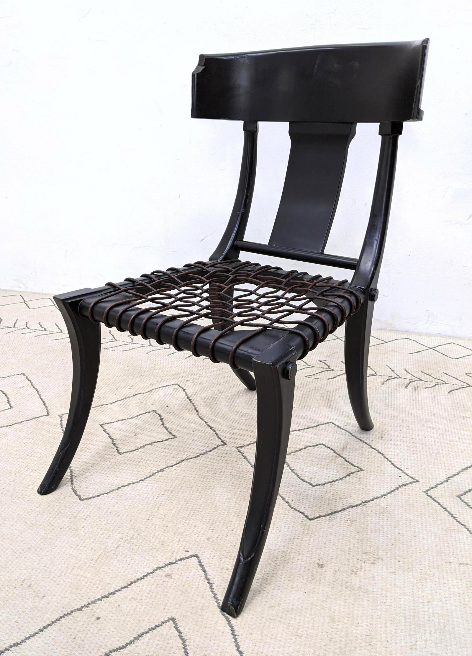 Ebonized Klismos Side Chair. Woven Strap Seat. Robsjoh: Ebonized Klismos Side Chair. Woven Strap Seat. Robsjohn Gibbings Style.-- Dimensions: H: 35 inches: W: 21 inches: D: 25 inches ---