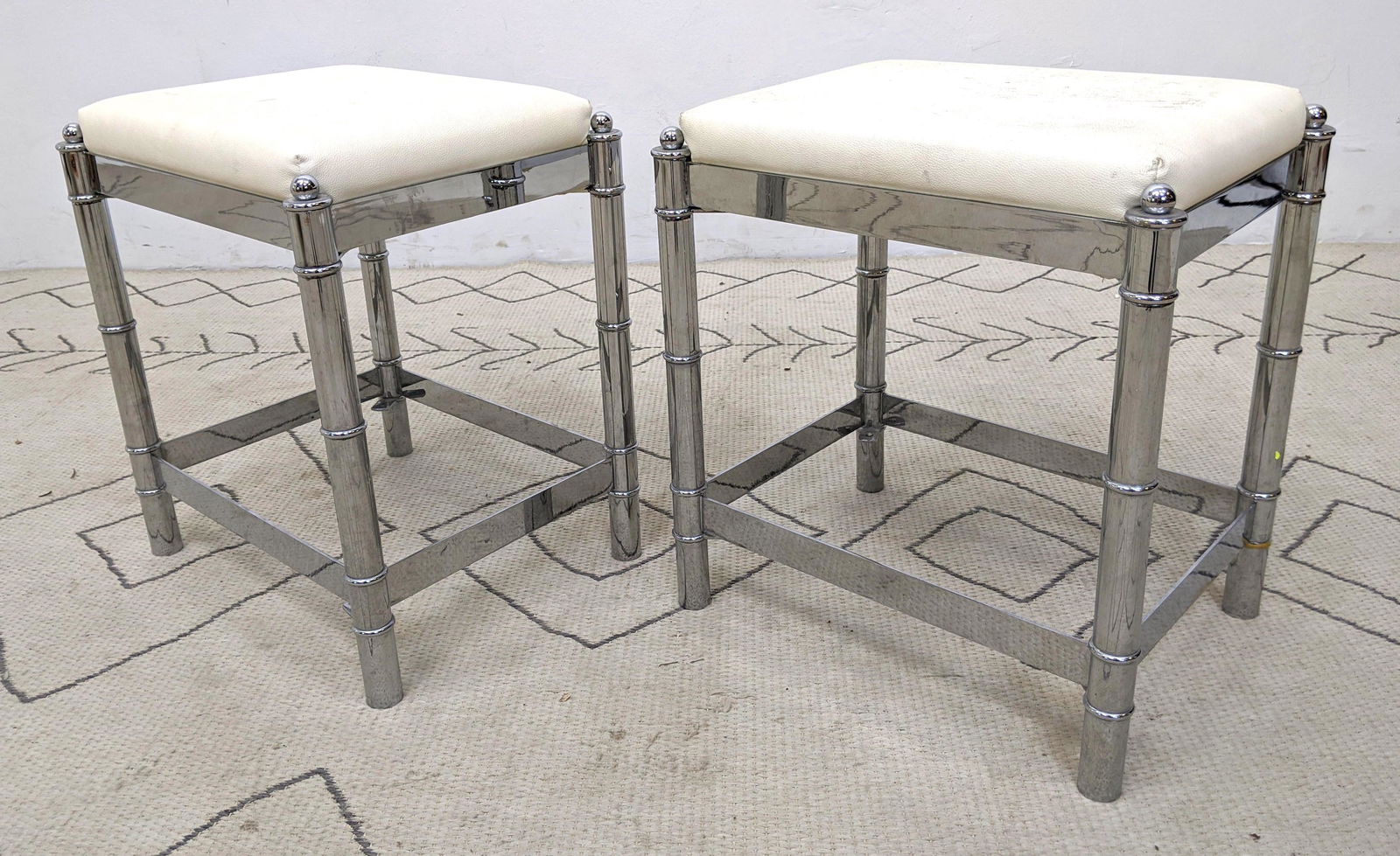 Pr Faux Bamboo Chrome Frame Stools. Off white seats.  M (1 of 10)