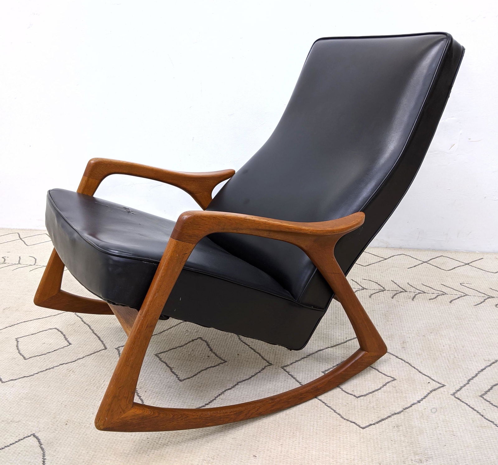 Danish Modern Teak Frame Rocking Chair.  Black Vinyl. (1 of 12)