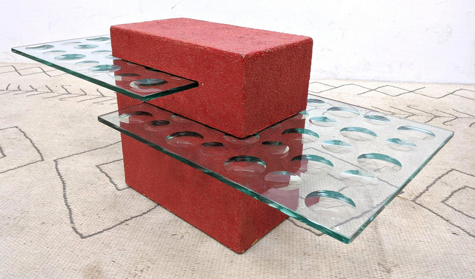 Industrial Glass 2 Tier Magiscope Side Table. Red Textu (1 of 9)