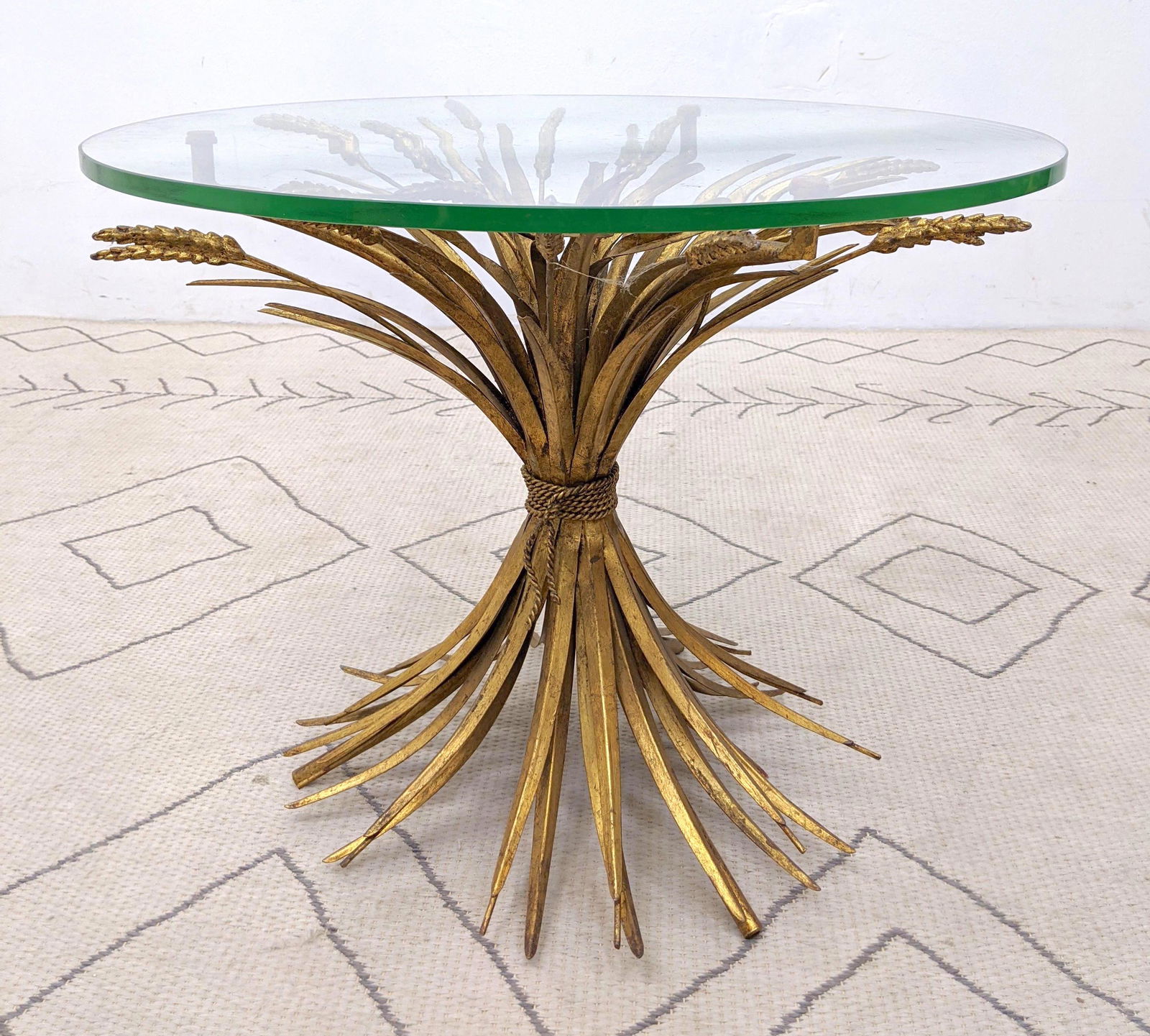 Italian Gilt Iron Wheat Sheaf Side Table. Thick Glass T (1 of 8)