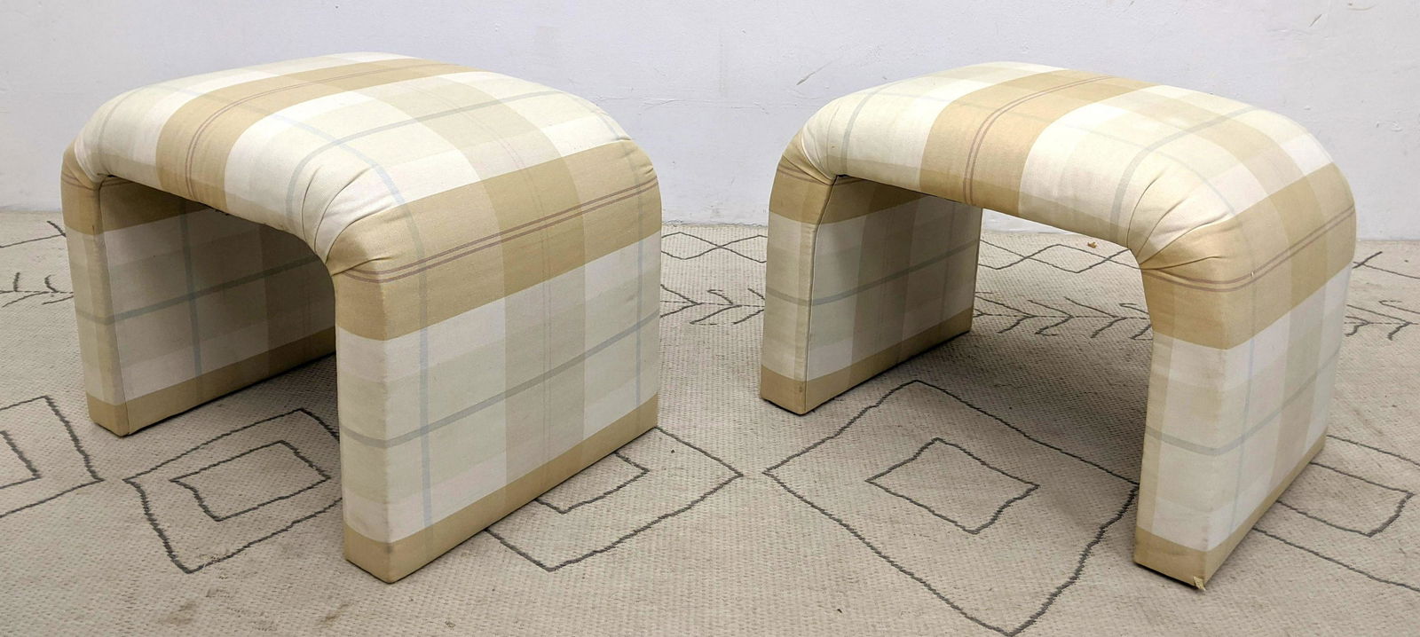 Pair Upholstered U Shaped Ottoman Stools. (1 of 8)