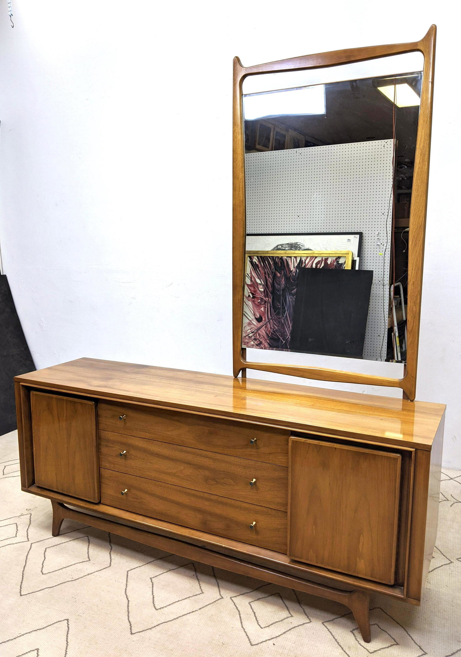 KENT COFFEY AMERICAN MODERN DRESSER WITH MIRROR. INSIGN: KENT COFFEY AMERICAN MODERN DRESSER WITH MIRROR. INSIGNIA-- Dimensions: H: 31 inches: W: 74 inches: D: 19 inches ---