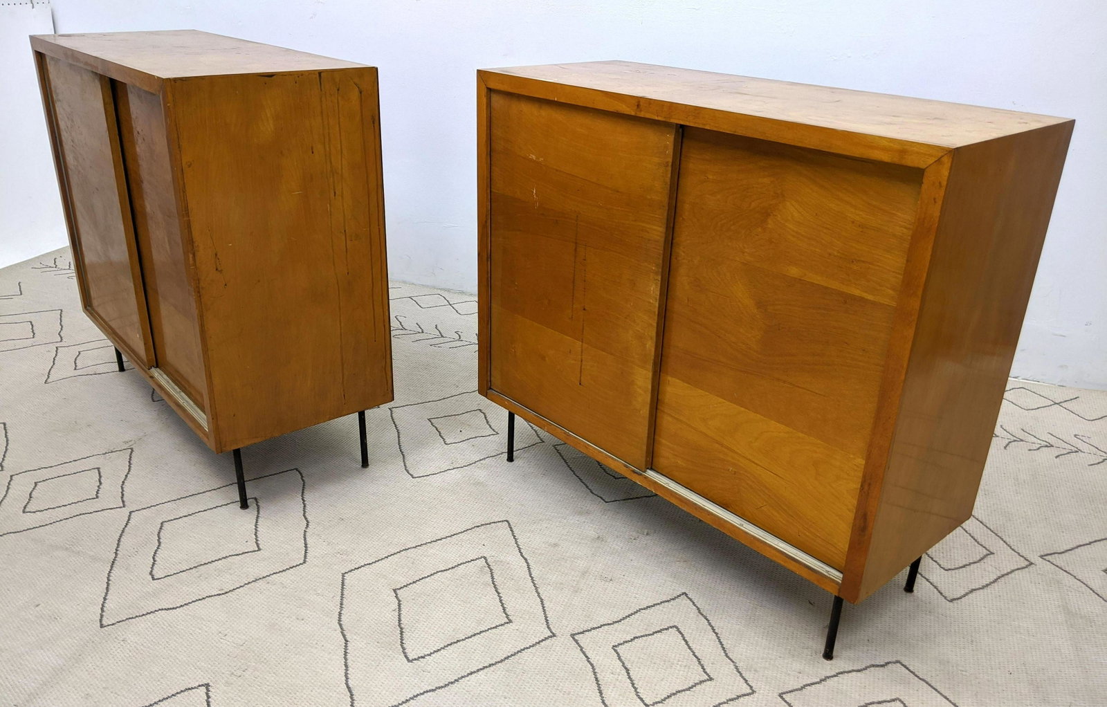 Pair Mid Century Modern Sliding Door Cabinets.: Pair Mid Century Modern Sliding Door Cabinets. -- Dimensions: H: 37 inches: W: 40 inches: D: 16.5 inches ---