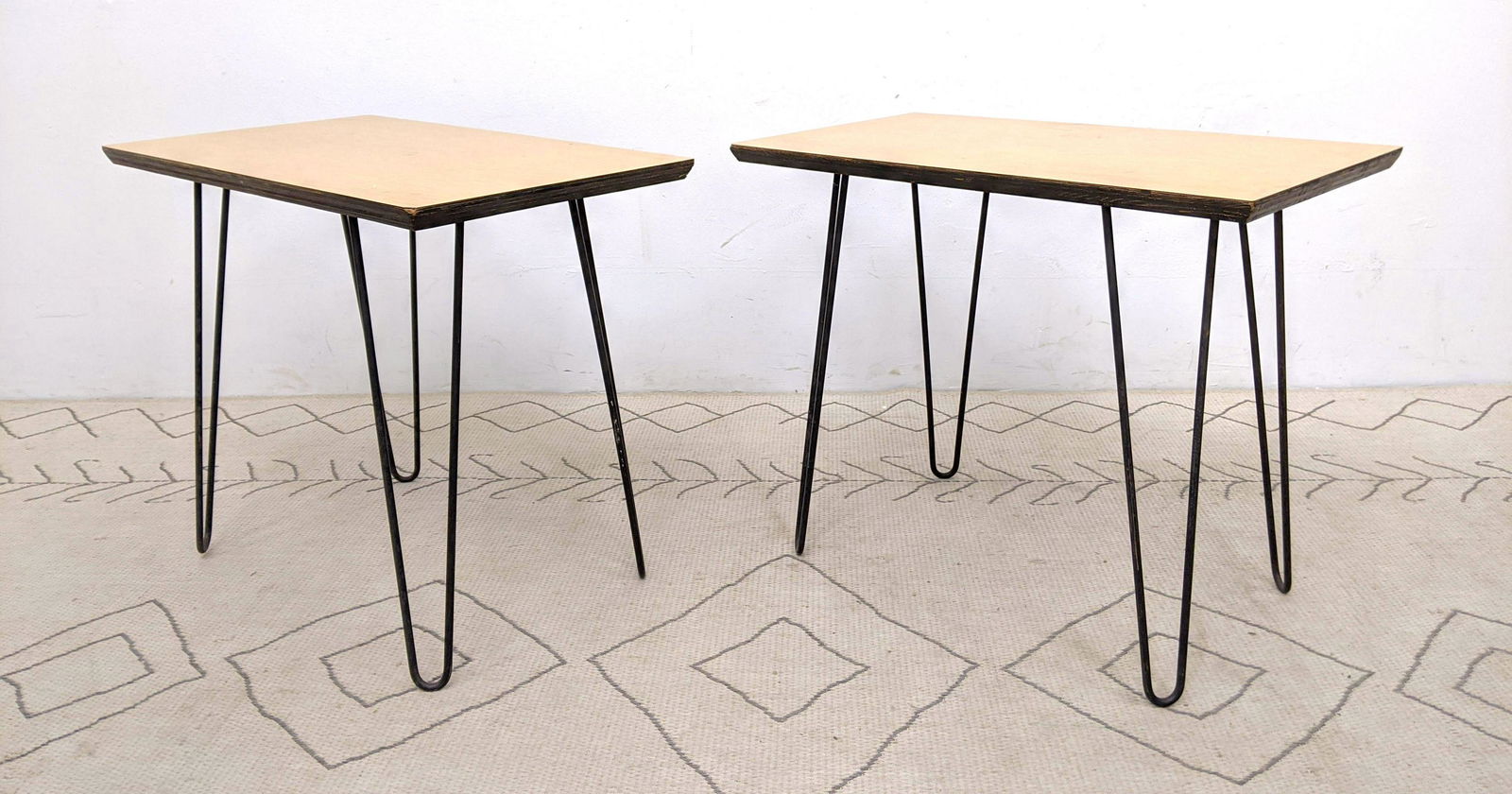 Pr Modernist Wood & Iron Side Tables. Iron Hairpin Legs (1 of 12)