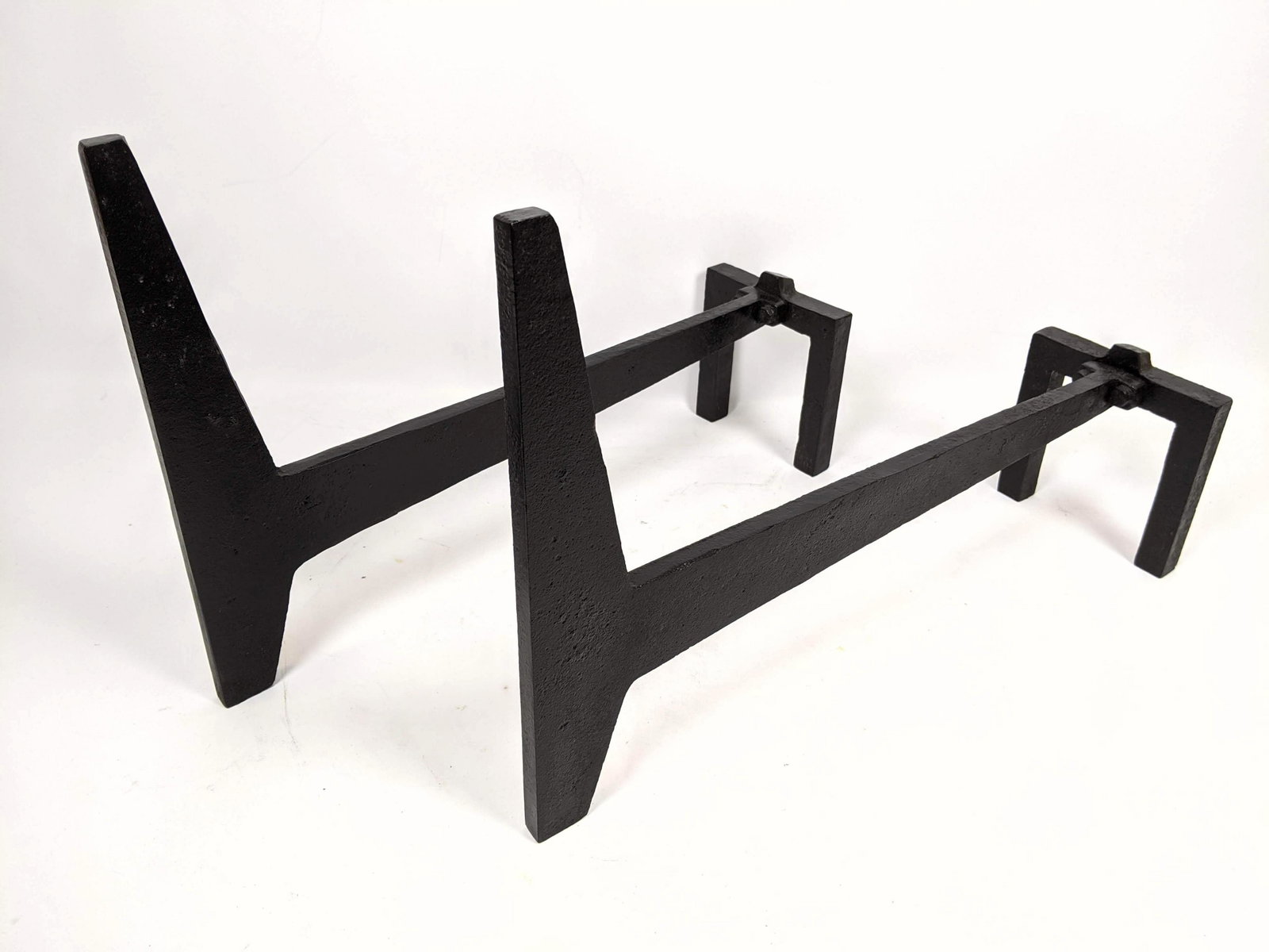 Modernist French Style Iron Andirons. Angled form.: Modernist French Style Iron Andirons. Angled form.-- Dimensions: H: 12 inches: W: 5 inches: D: 18 inches ---