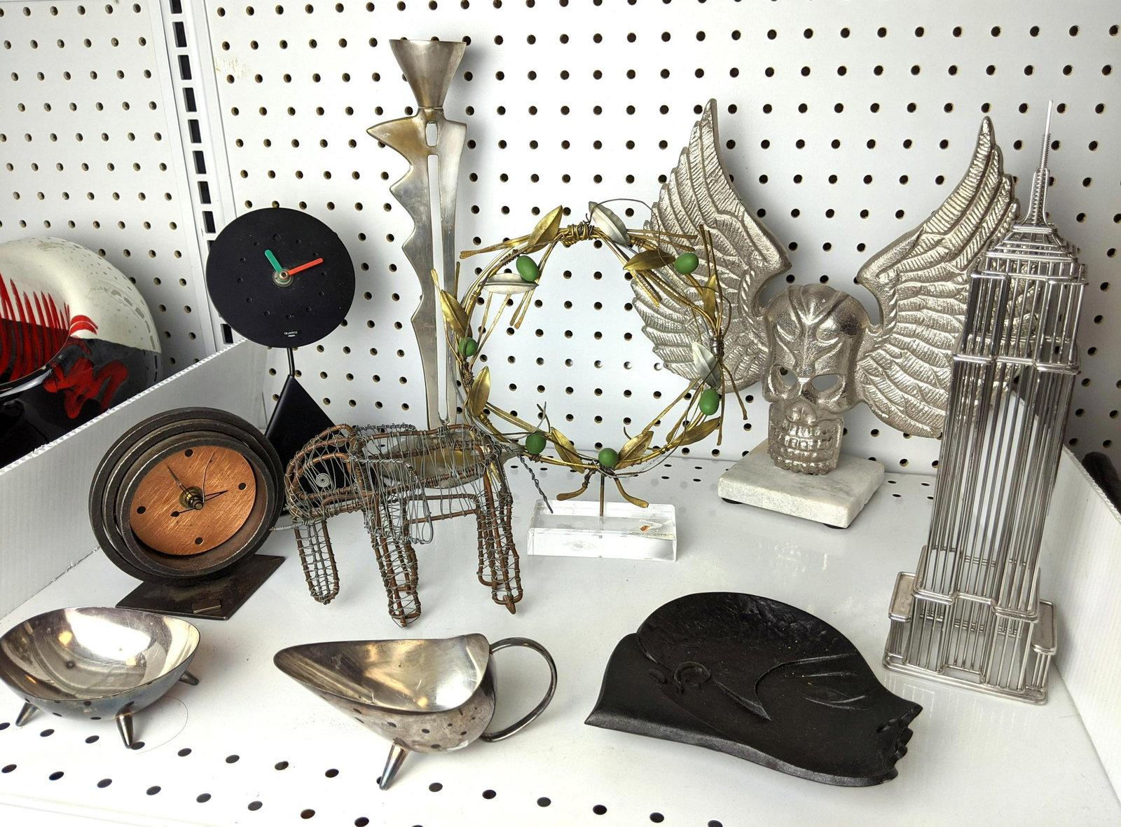 Lot of Clocks and Silver tone items Statues and plate.: Lot of Clocks and Silver tone items Statues and plate. Steel artisan Bronstein clock, -- Dimensions: ---