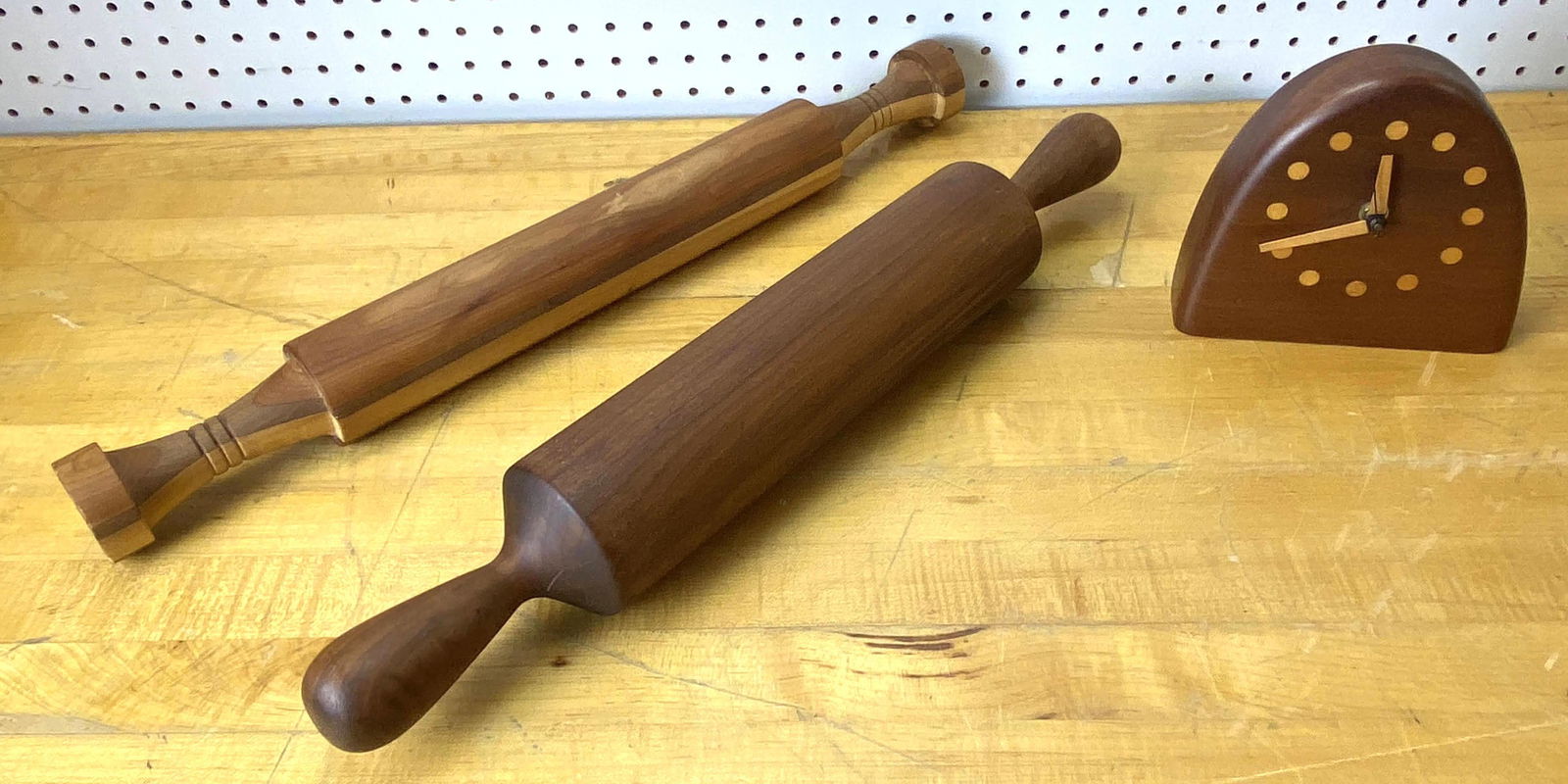 3pcs Artisan Wood. Clock and rolling pins. PETER BLOCH. (1 of 10)