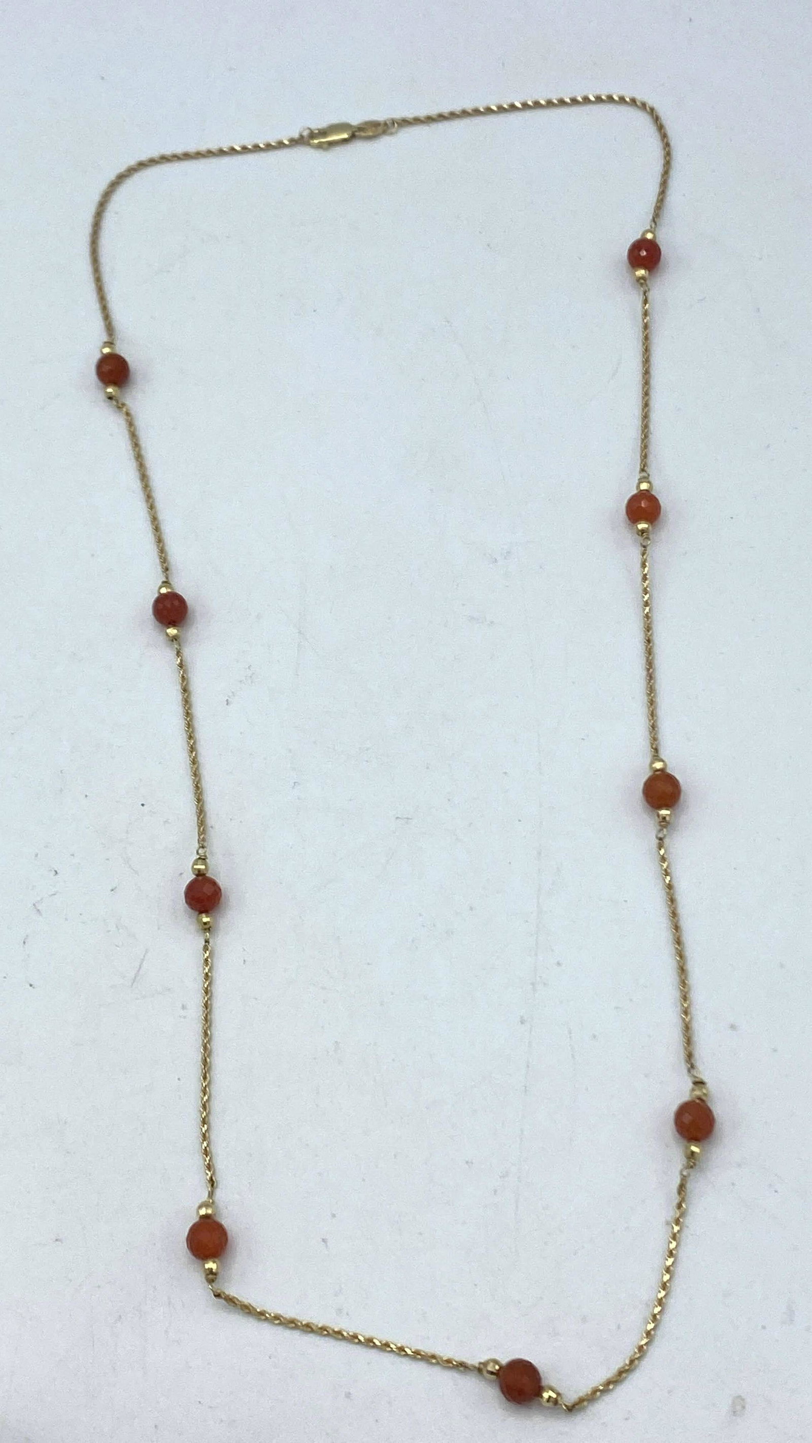 14K Gold EG Bolivia Gold Chain Necklace. Faceted carnel: 14K Gold EG Bolivia Gold Chain Necklace. Faceted carnelian beads. Marked. -- Dimensions: H: 24 inches: W: .25 inches: D: .25 inches--- Weight: 3.4 DWT --- US Shipping charge: $15 Plus insurance at a r
