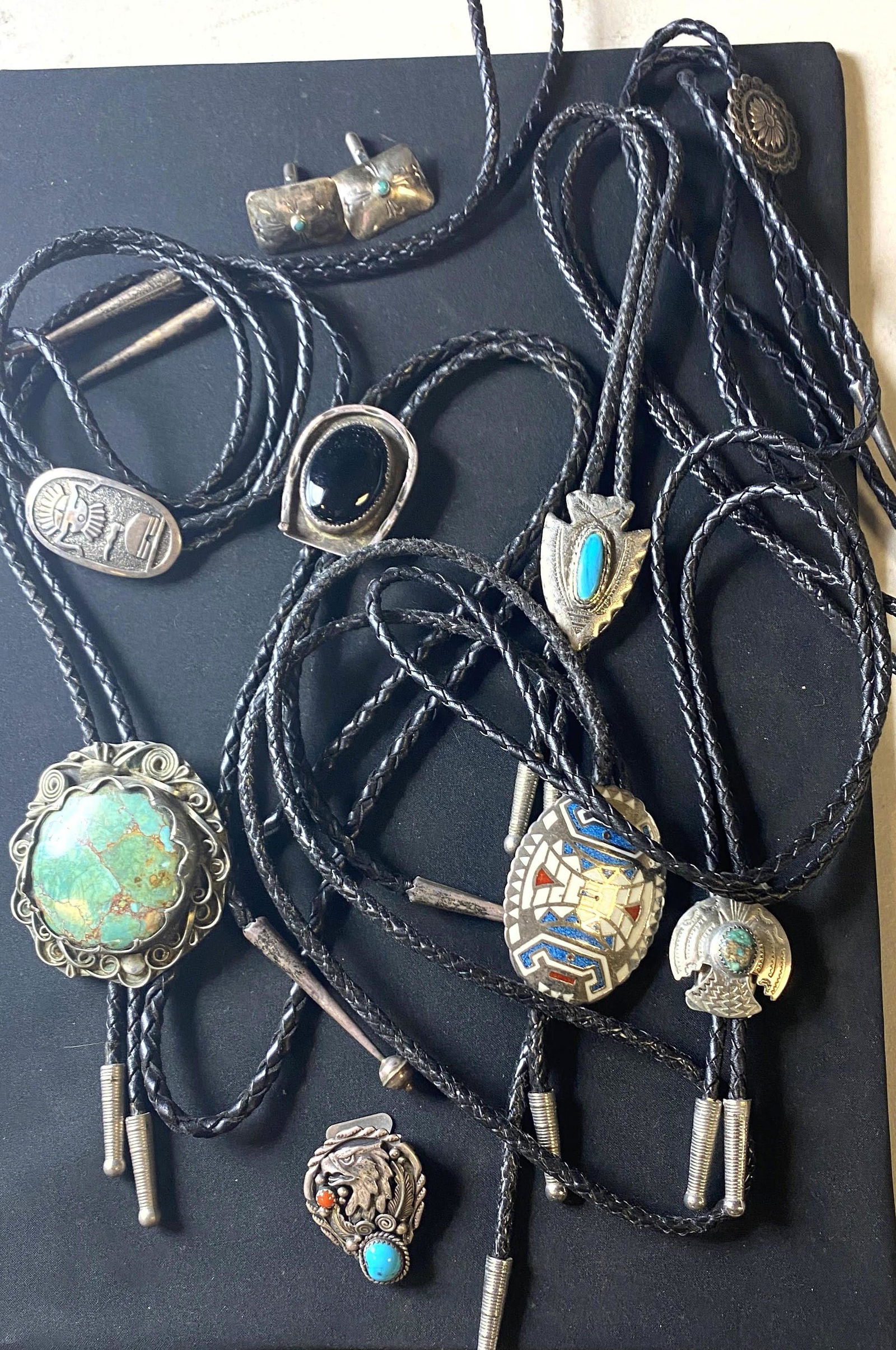 9pcs American Indian Jewelry. Mostly BOLOs. Silver Turq (1 of 7)