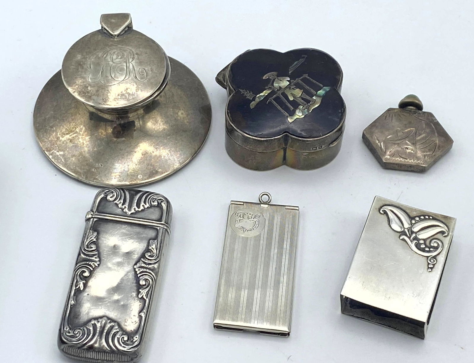 5pcs Sterling Lot.  Inkwell, match safe, card hanger, p (1 of 13)
