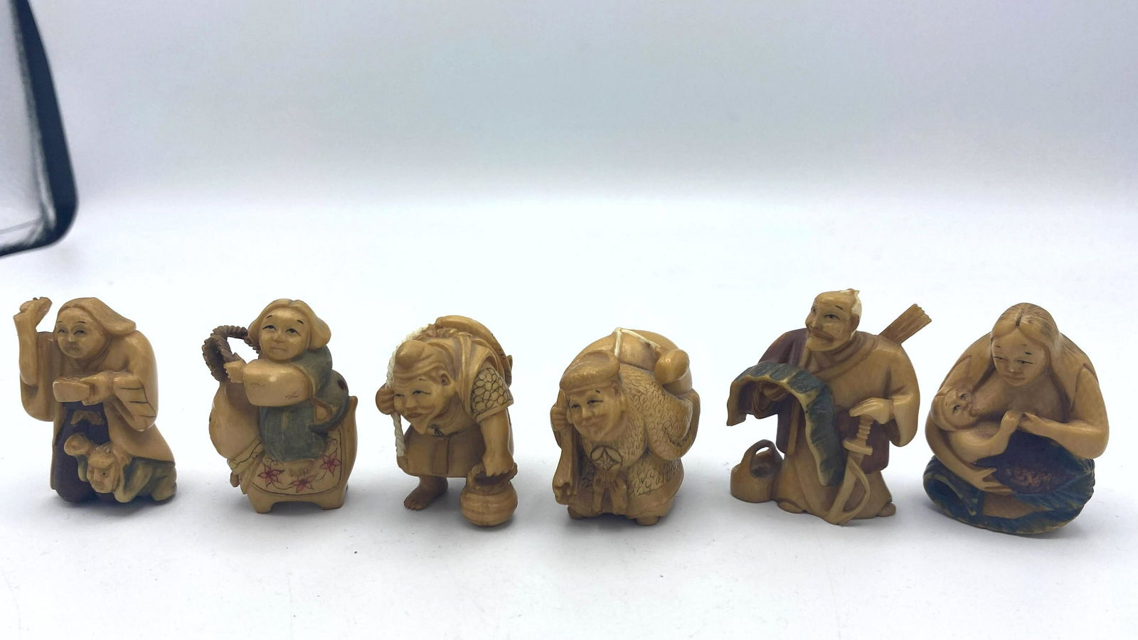 6pcs Miniature Japanese Carvings. Figural. Most signed. (1 of 3)