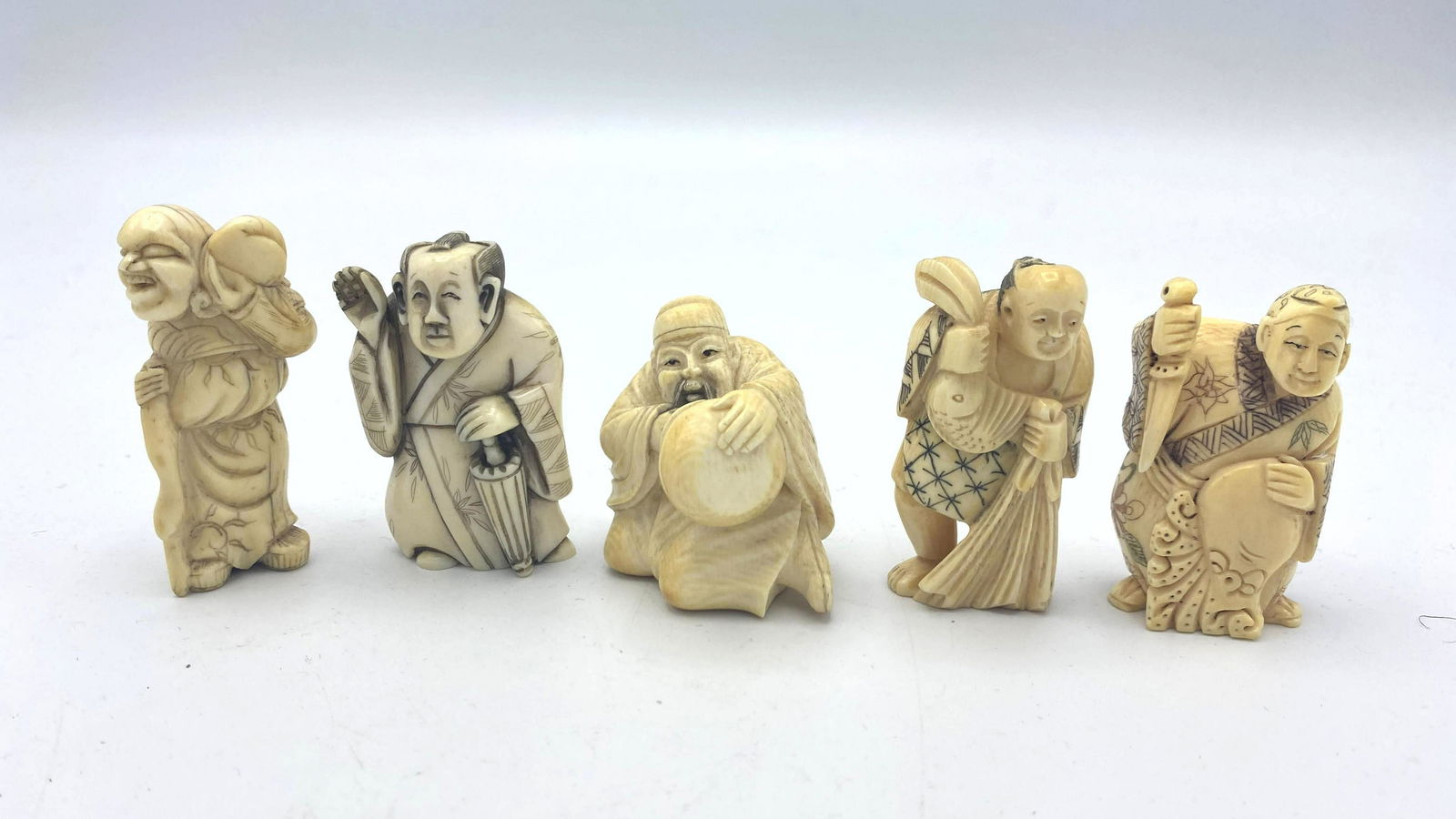 5pcs Miniature Japanese Carvings. Figural. Most signed. (1 of 3)