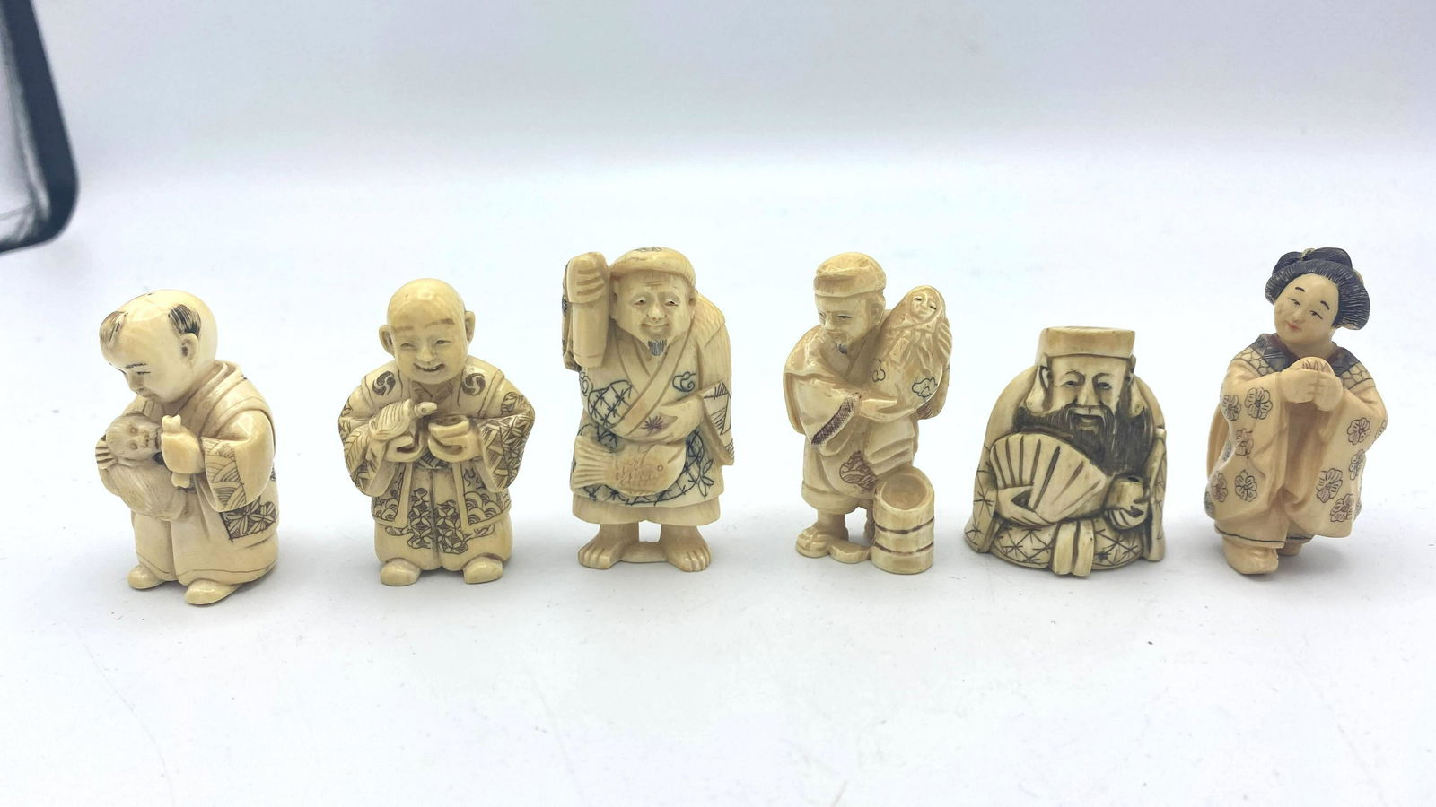 6pcs Miniature Japanese Carvings. Figural. Most signed. (1 of 3)