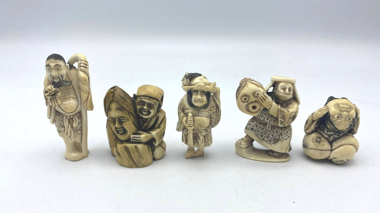 5pcs Miniature Japanese Carvings. Figural. Most signed. (1 of 3)