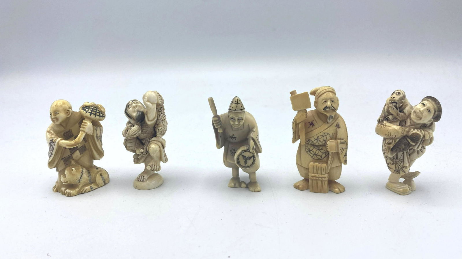 5pcs Miniature Japanese Carvings. Figural. Most signed. (1 of 3)