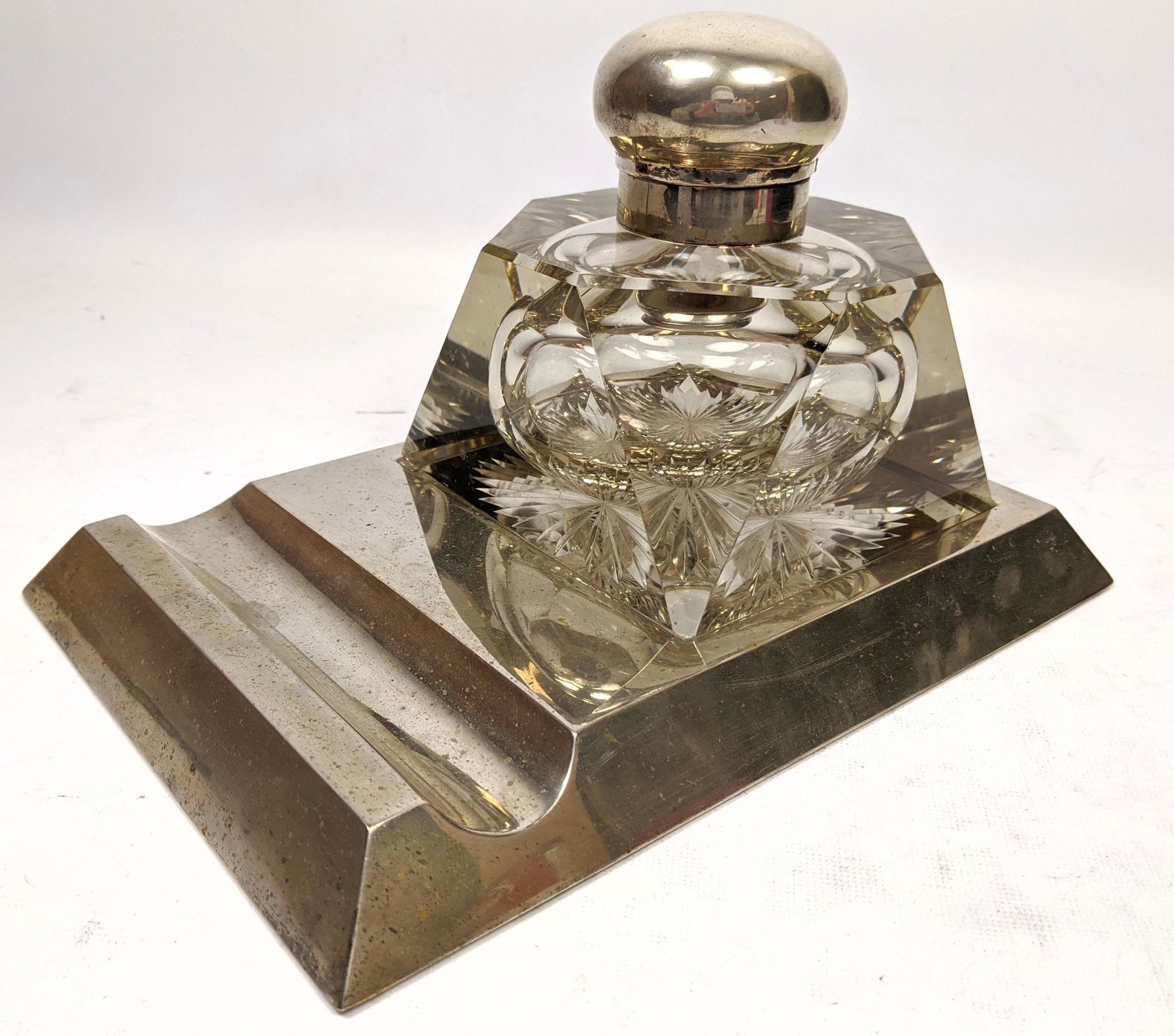 800 Silver Oversized Crystal Inkwell and Under Tray. Tr (1 of 12)