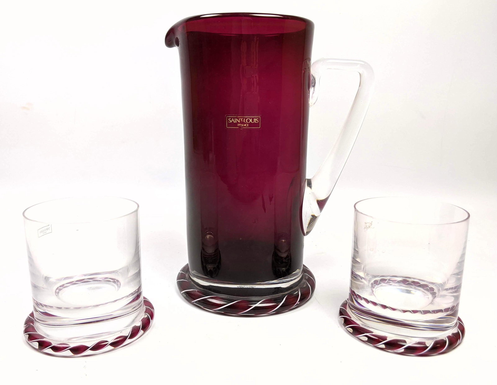 SAINT LOUIS France Glass Pitcher and 2 Glasses. Decorat (1 of 12)