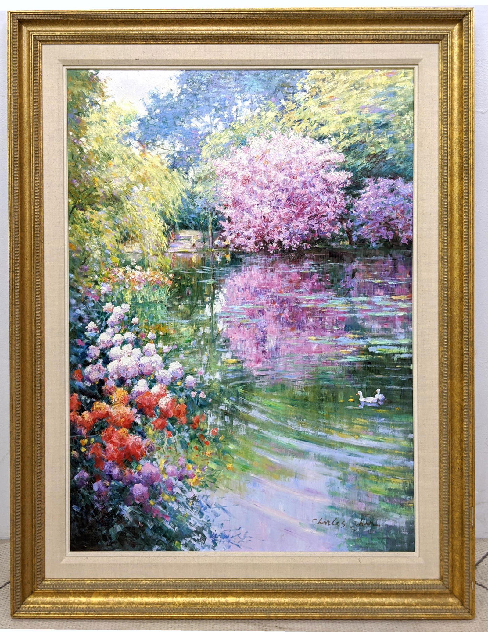 CHARLES CHAN Oil Painting on Canvas. Floral lake scene. (1 of 8)