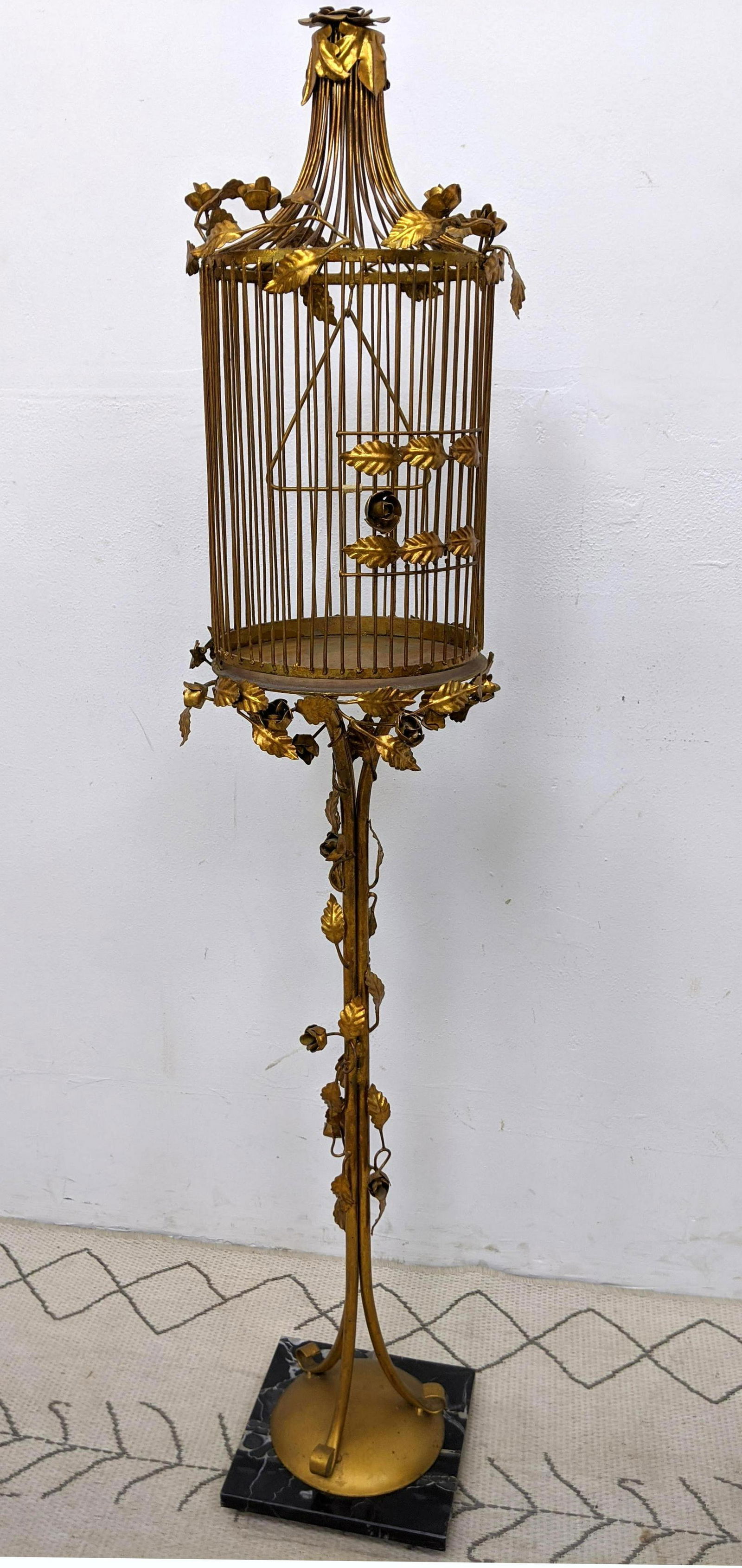 Italian Gilt Iron Standing Bird Cage.  Floral Design. (1 of 7)