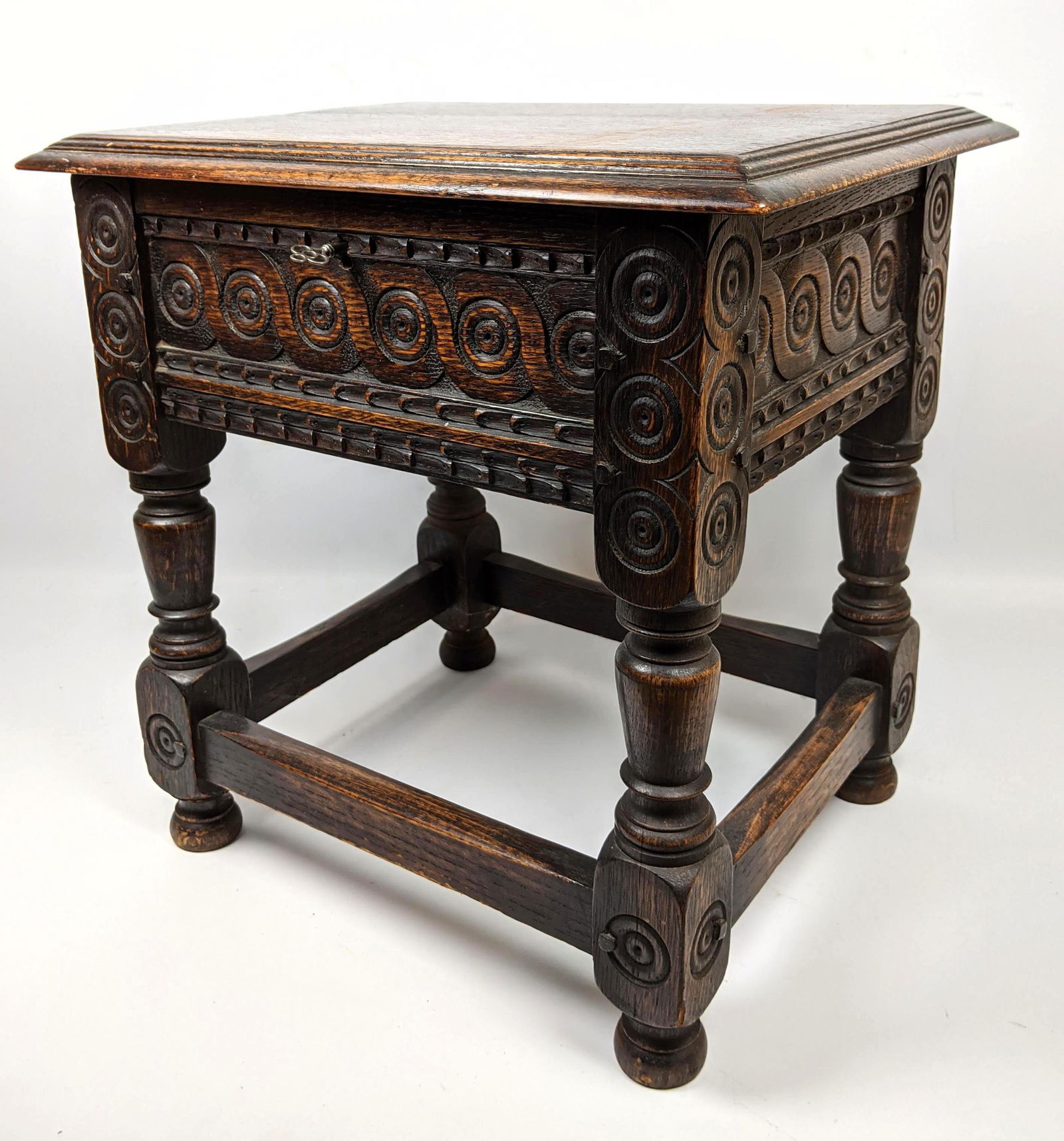 Small Gothic Oak Lift Top Stool Bench. Carved details. (1 of 13)