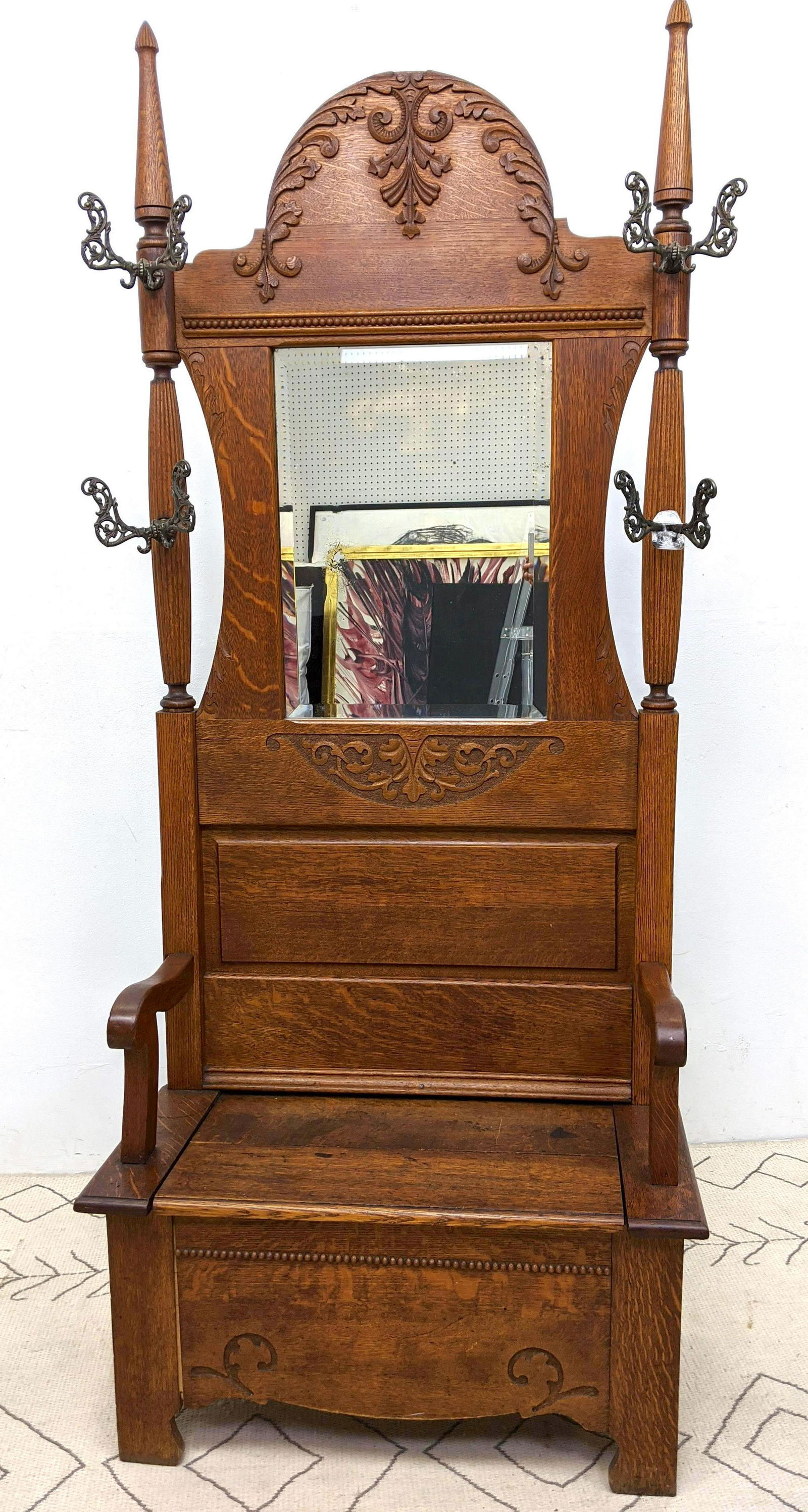 Antique Oak Hall Bench Tree with Iron Coat Hooks. (1 of 16)
