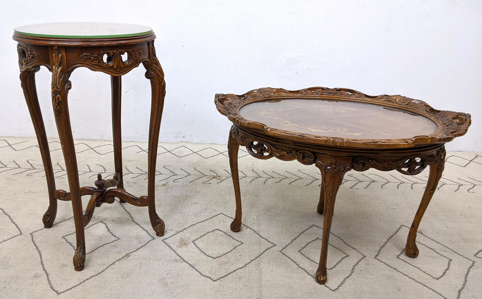 2 pcs Carved and Inlaid French Style Tables. Oval with (1 of 20)
