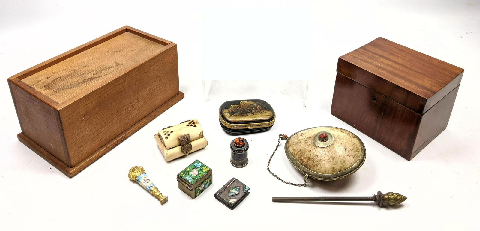 9pc Lot Antique boxes, small sewing kit, Porcelain Seal (1 of 16)