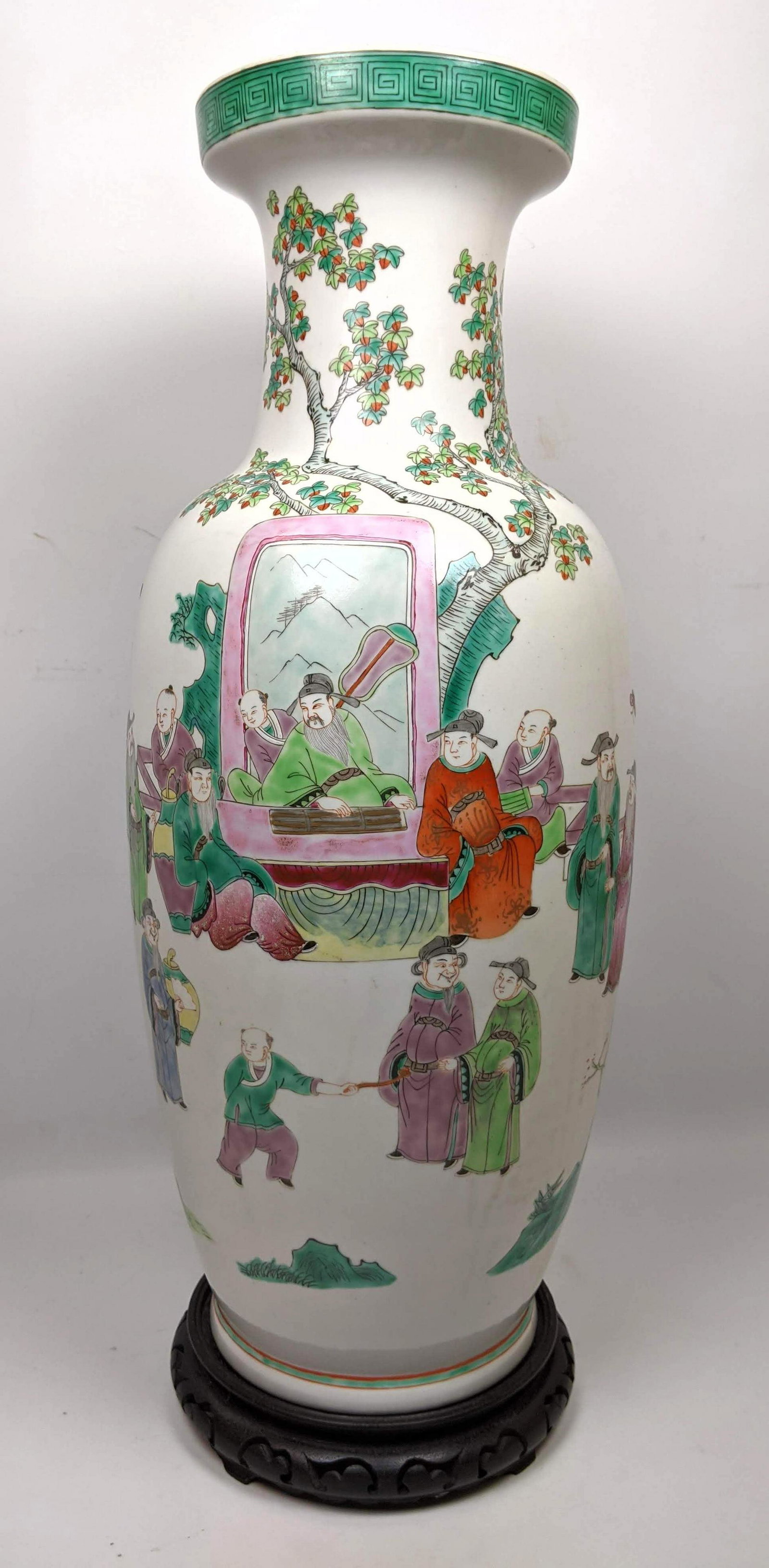 Large Chinese Painted Porcelain Vase on wood Stand. (1 of 11)
