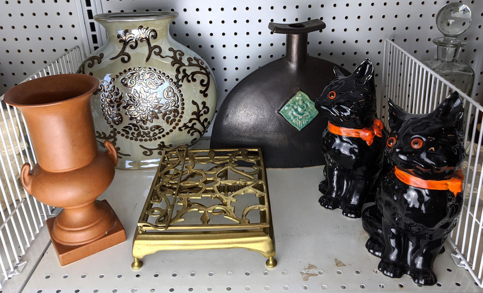Shelf Lot: Black cats, vases, brass bookstand. (1 of 15)