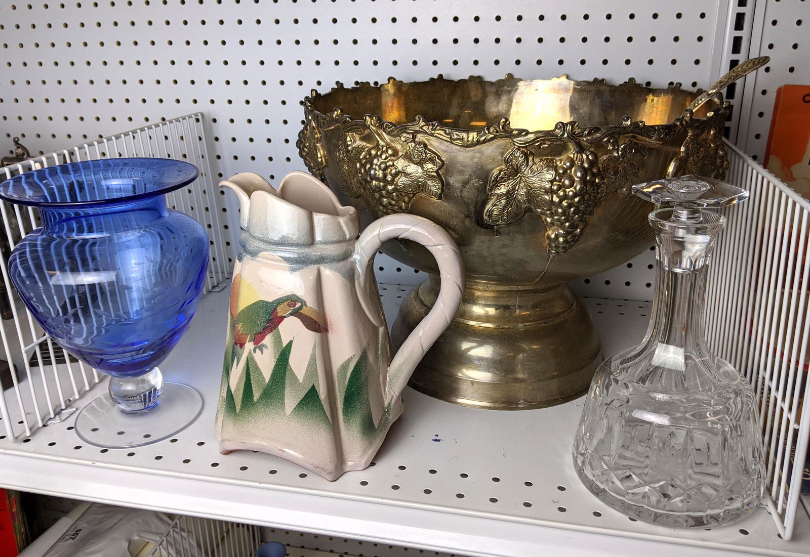 Shelf Lot: Silver plate punch bowl, pitcher, crystal de (1 of 18)