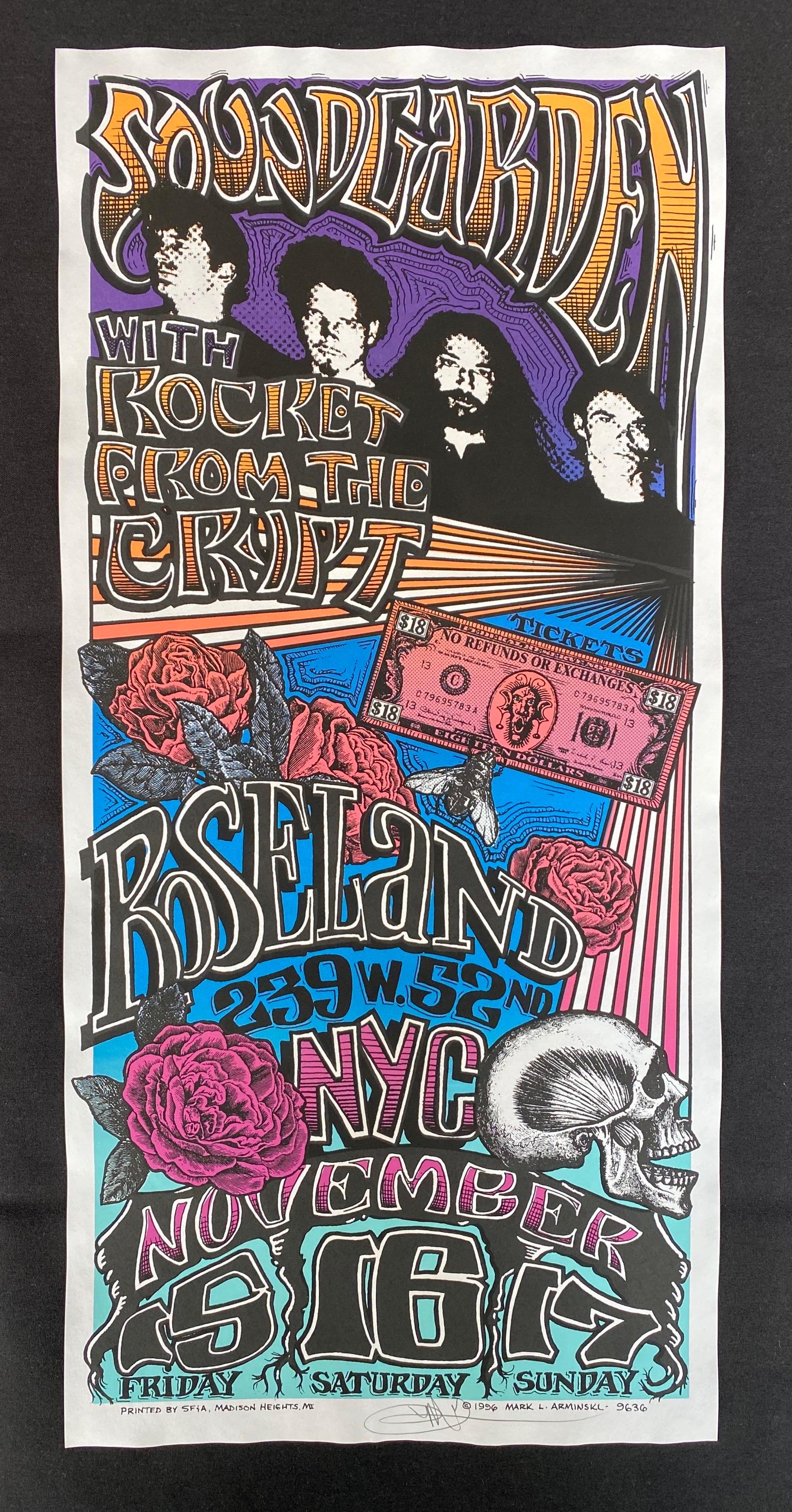 Soundgarden Concert Poster with Rocket From the Crypt a: Soundgarden Concert Poster with Rocket From the Crypt at the Roseland In New York City November 15 16th and 17th 1996 Signed by Artist Mark Arminski. -- Dimensions: H: 22 x 10 3/8 inches --- Bidding n