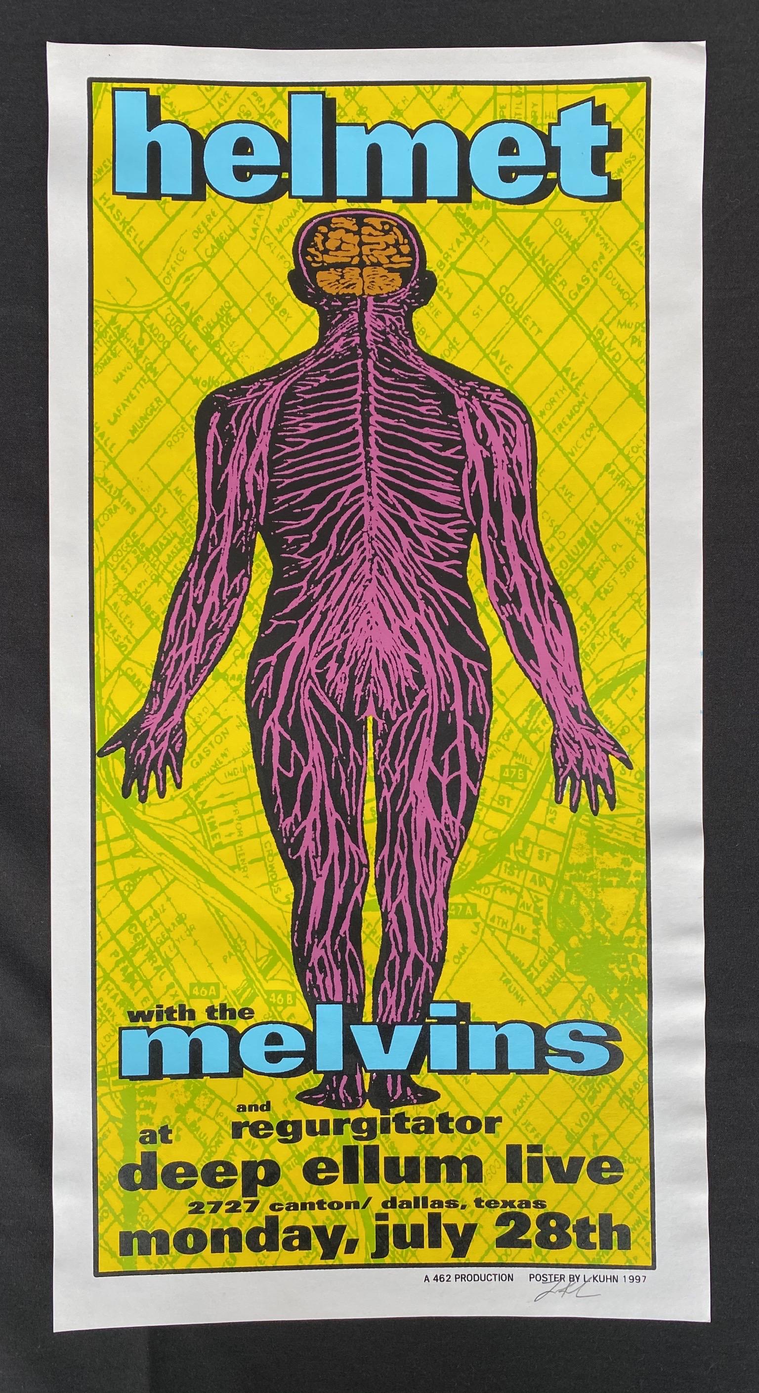 Helmet Concert Poster with the Melvins at Deep Ellum Li: Helmet Concert Poster with the Melvins at Deep Ellum Live Dallas Texas July 28 1997 Signed L. Kuhn -- Dimensions: H: 11 1/2 x 22 1/2 inches --- Bidding note: We will be attempting to close these items