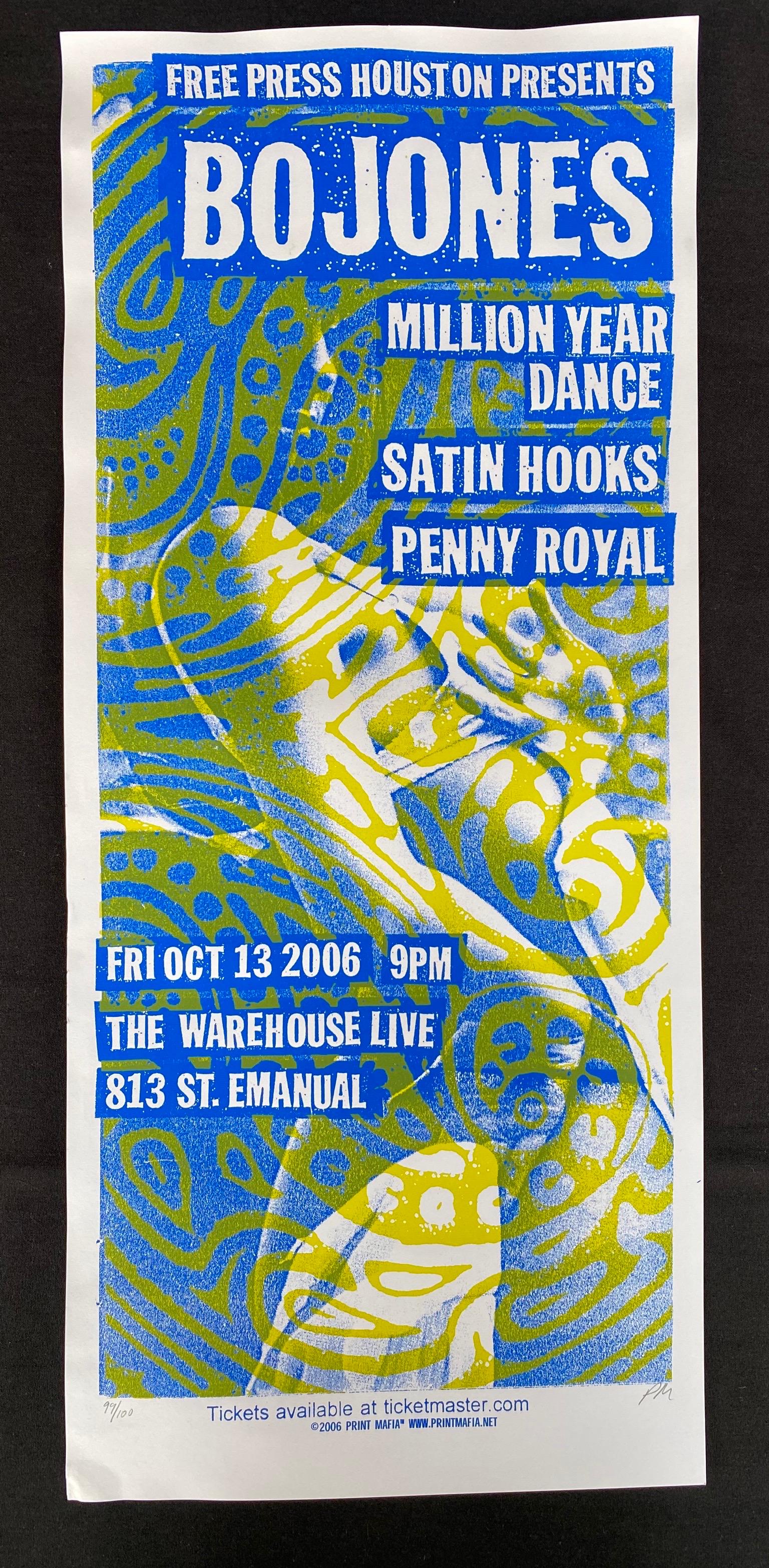 Bo Jones. Concert Poster Million Year Dance. Satin Hook: Bo Jones. Concert Poster Million Year Dance. Satin Hooks. Penny Royal. October 2006 at the Warehouse Live Artist Signed and Numbered -- Dimensions: H: 22 7/8 x 9 7/8 inches --- Bidding note: We will b