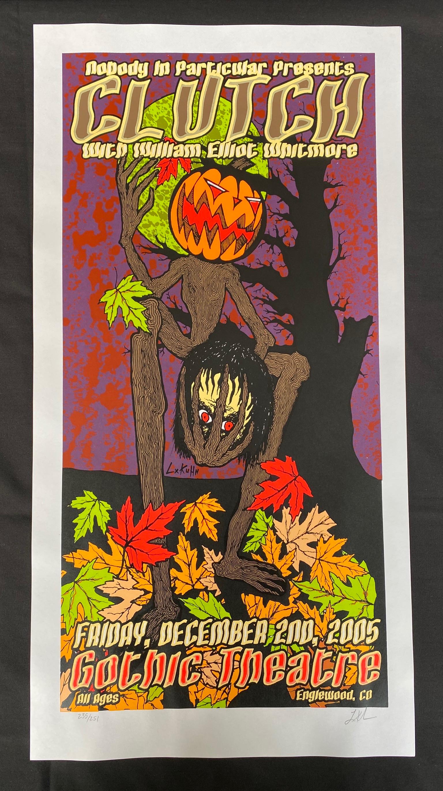 Clutch Concert Poster with William Elliot Whitmore Frid: Clutch Concert Poster with William Elliot Whitmore Friday December 2 2005 at the Gothic Theater Englewood Colorado Artist Signed and Numbered -- Dimensions: H: 31 1/4 x 15 7/8 inches --- Bidding note: