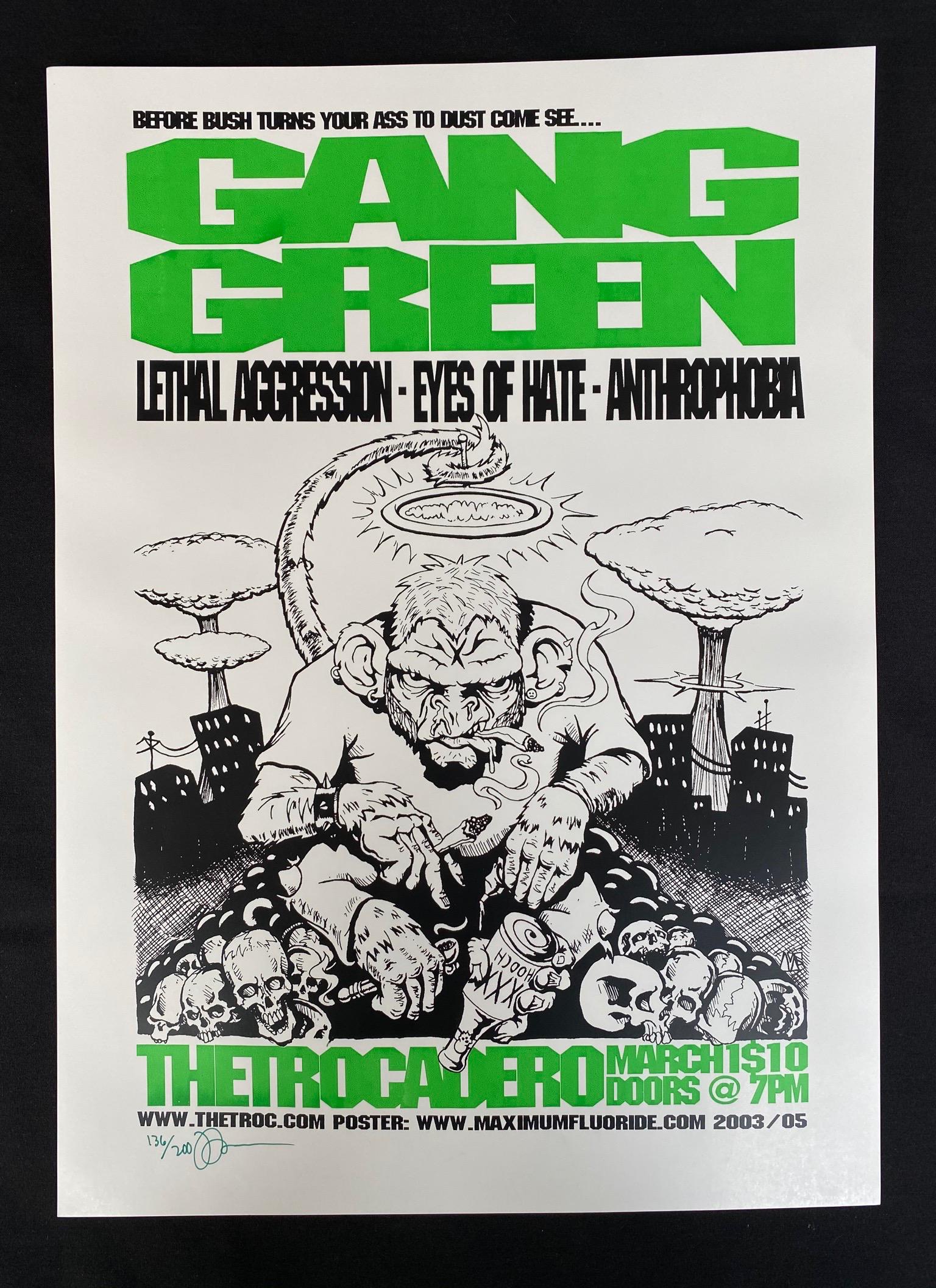 Gang Green Concert Poster with Guest March 1 at the Tro: Gang Green Concert Poster with Guest March 1 at the Trocadero Artist Signed and Numbered -- Dimensions: H: 20 1/4 x 14 1/2. inches --- Bidding note: We will be attempting to close these items at a rat