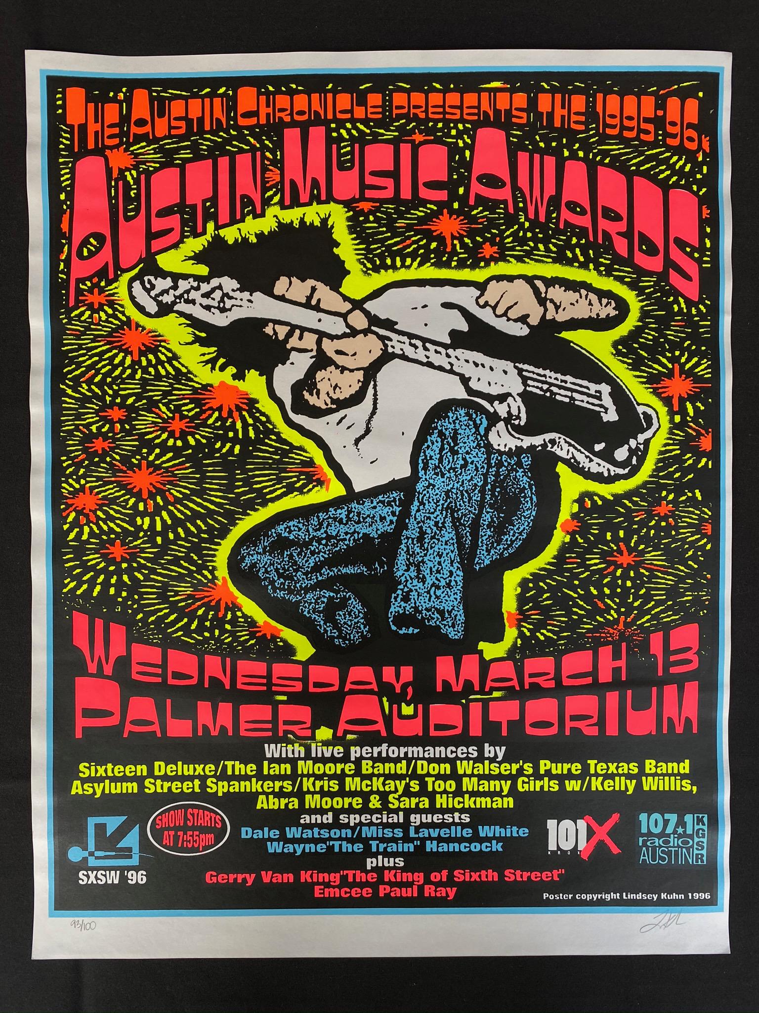 Austin Music Awards Concert Poster with Live Performanc: Austin Music Awards Concert Poster with Live Performances by Multiple Bands March 13 1996 at the Palmer Auditorium Artist Signed and Numbered -- Dimensions: H: 16 7/8 x 21 3/4 inches --- Bidding note: